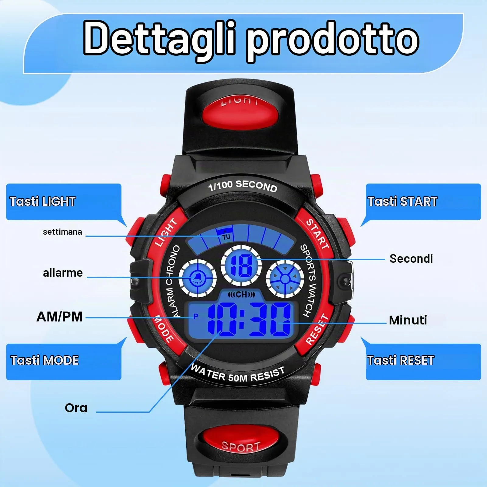 DTKID Orologio Digitale Bambini, LED 7 Colori, Sveglia, Timer, 5ATM Sport - immagine 3