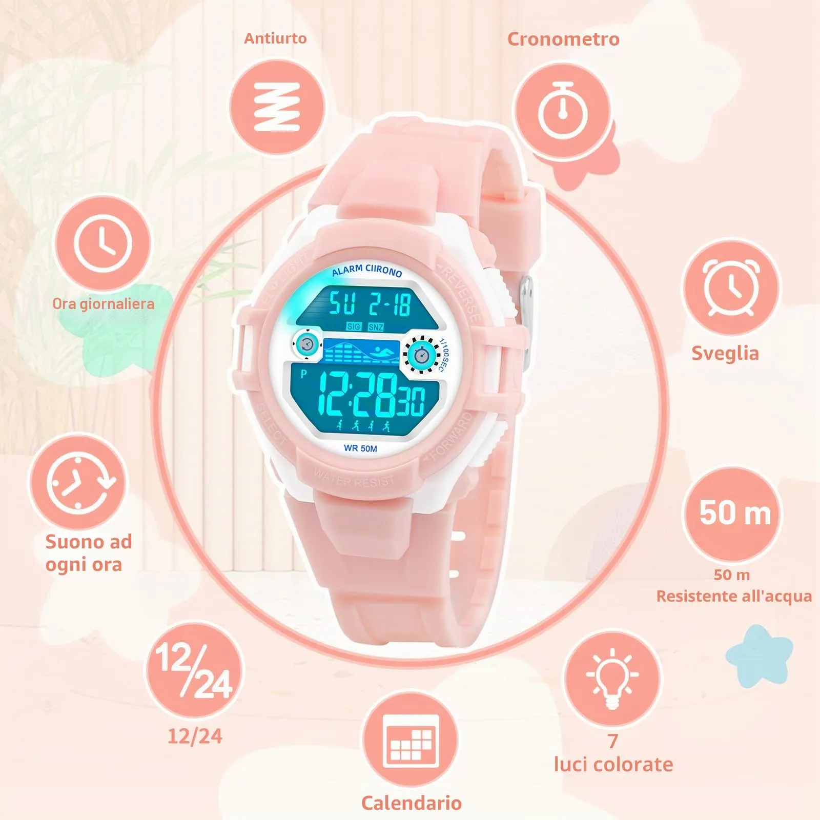 DTKID Orologio Digitale Bambini, LED 7 Colori, Sveglia, Timer, Impermeabile 5 ATM - immagine 2