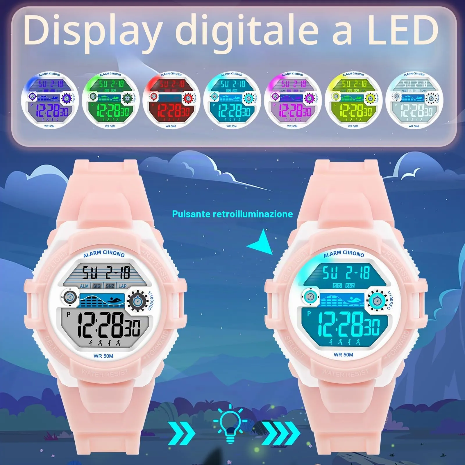 DTKID Orologio Digitale Bambini, LED 7 Colori, Sveglia, Timer, Impermeabile 5 ATM - immagine 3