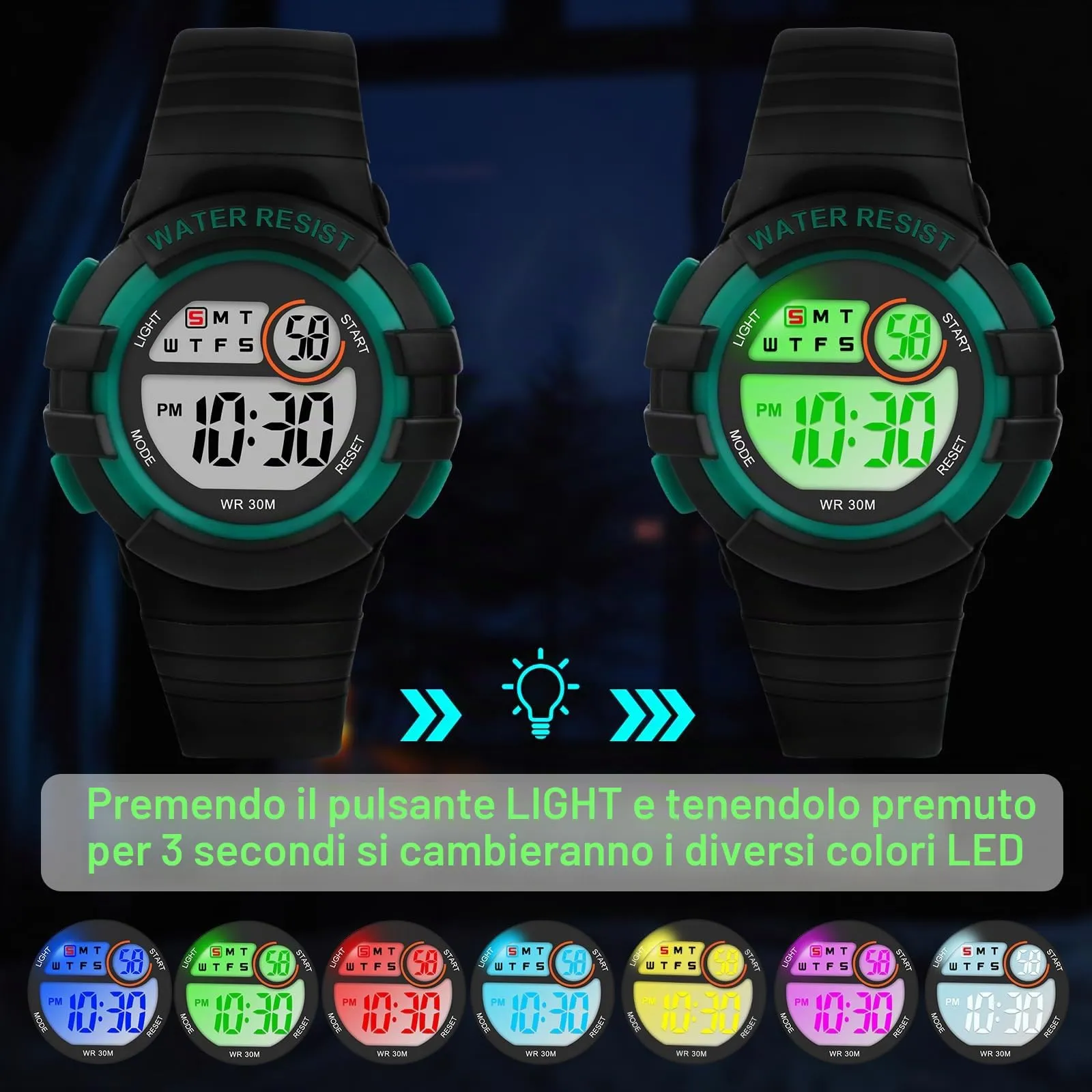 DTKID Orologio Digitale Bambini LED 7 Colori con Sveglia, Timer e Impermeabile - immagine 2