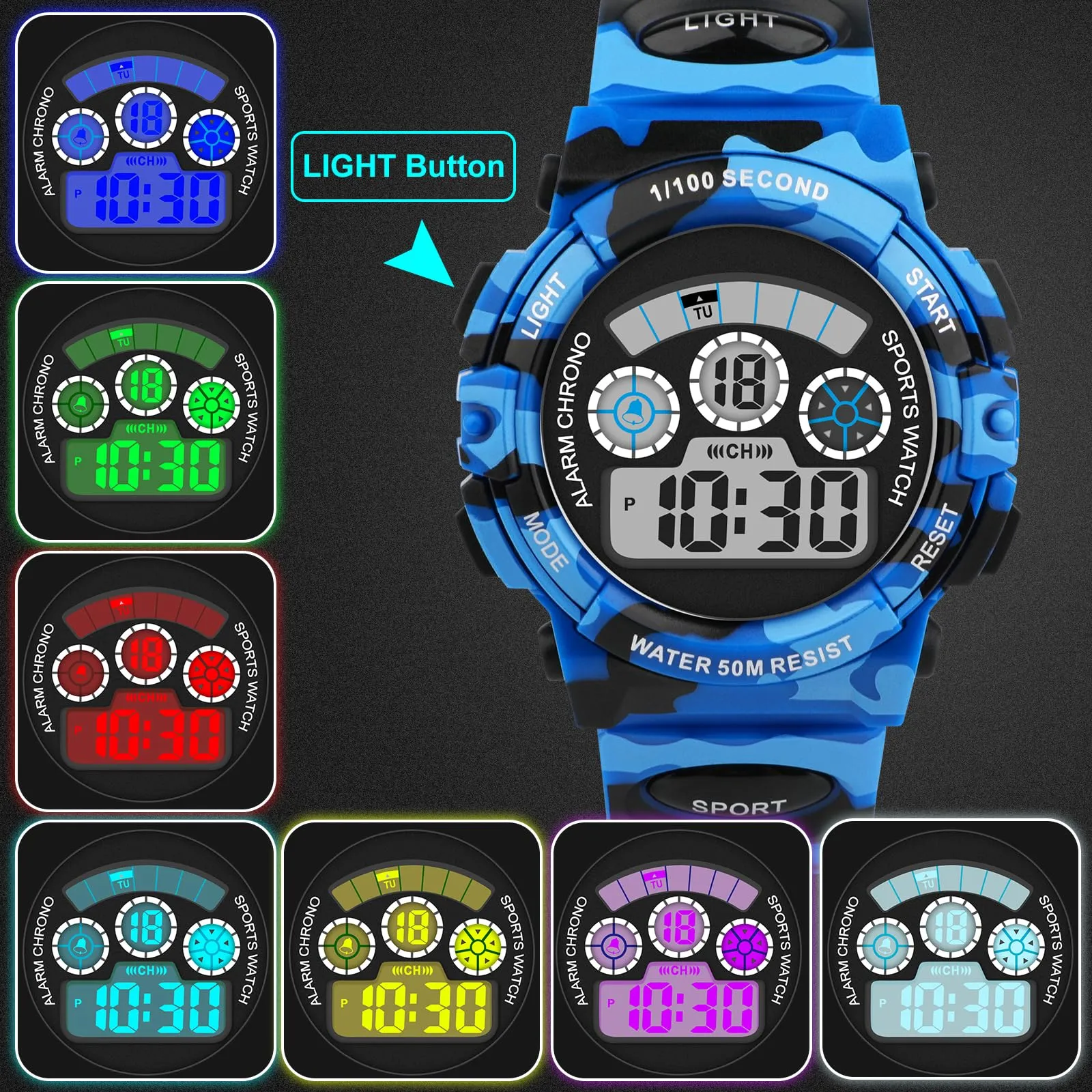 DTKID Orologio Digitale Bambini LED 7 Colori con Sveglia e Timer Impermeabile 5 ATM - immagine 2