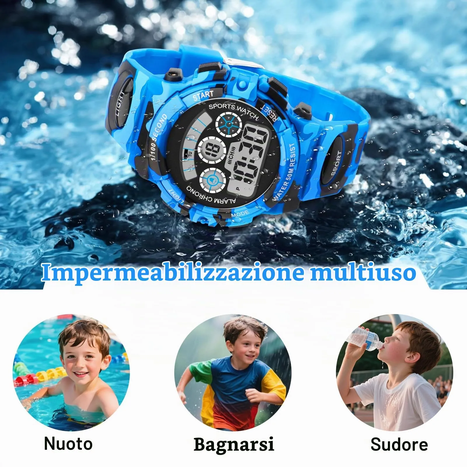DTKID Orologio Digitale Bambini LED 7 Colori con Sveglia e Timer Impermeabile 5 ATM - immagine 3