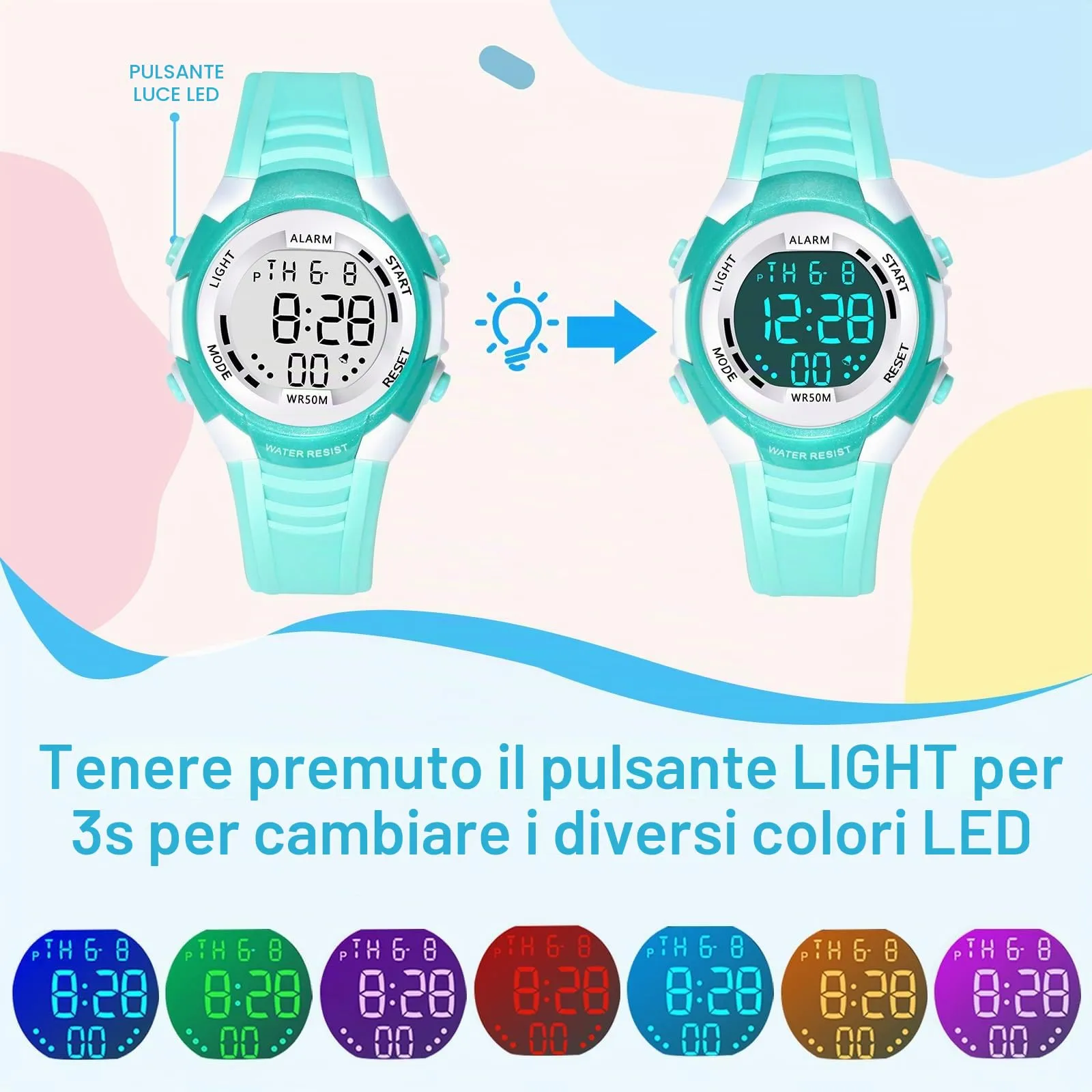 DTKID Orologio Digitale Bambini LED 7 Colori, Sveglia, Timer, Impermeabile 5 ATM - immagine 2