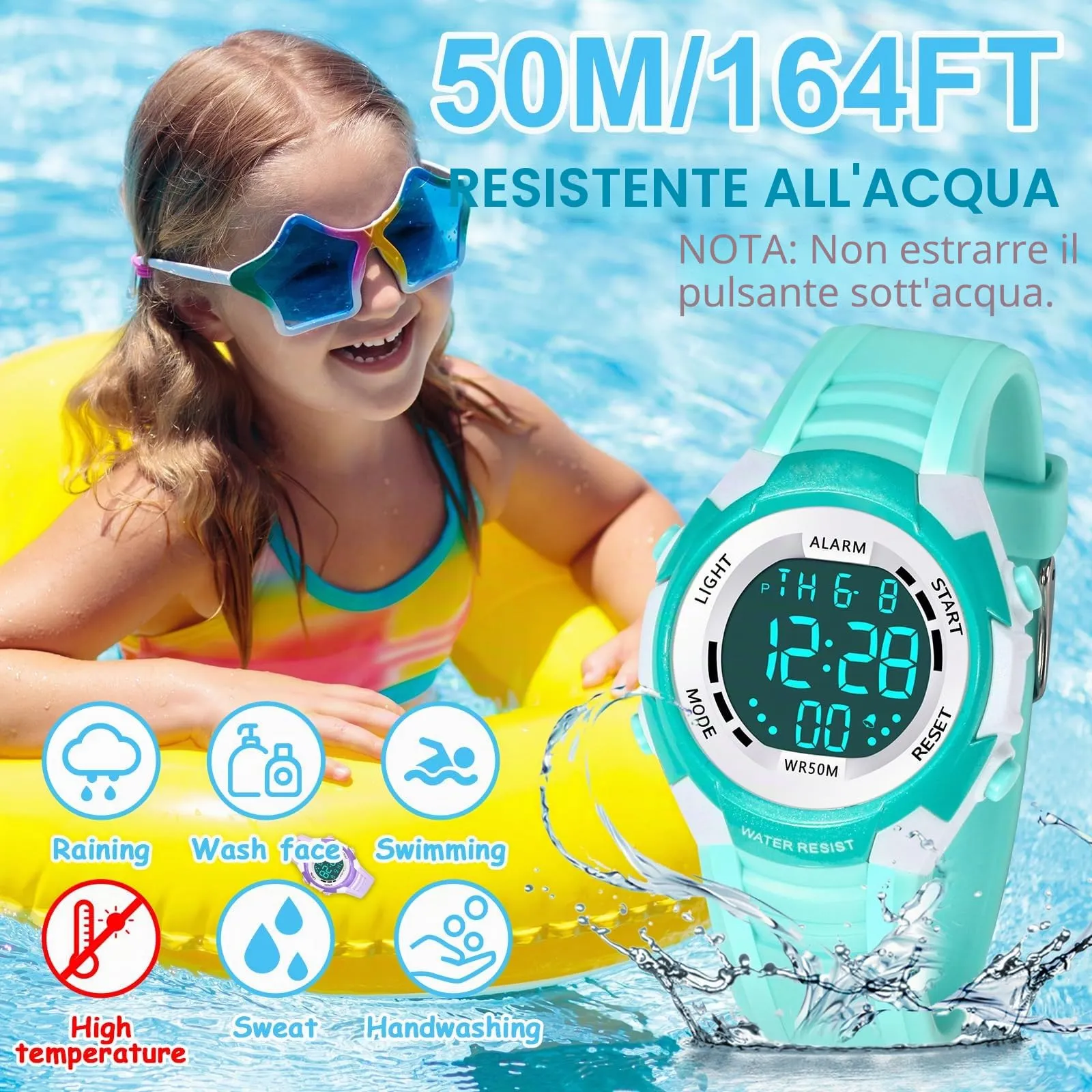 DTKID Orologio Digitale Bambini LED 7 Colori, Sveglia, Timer, Impermeabile 5 ATM - immagine 3