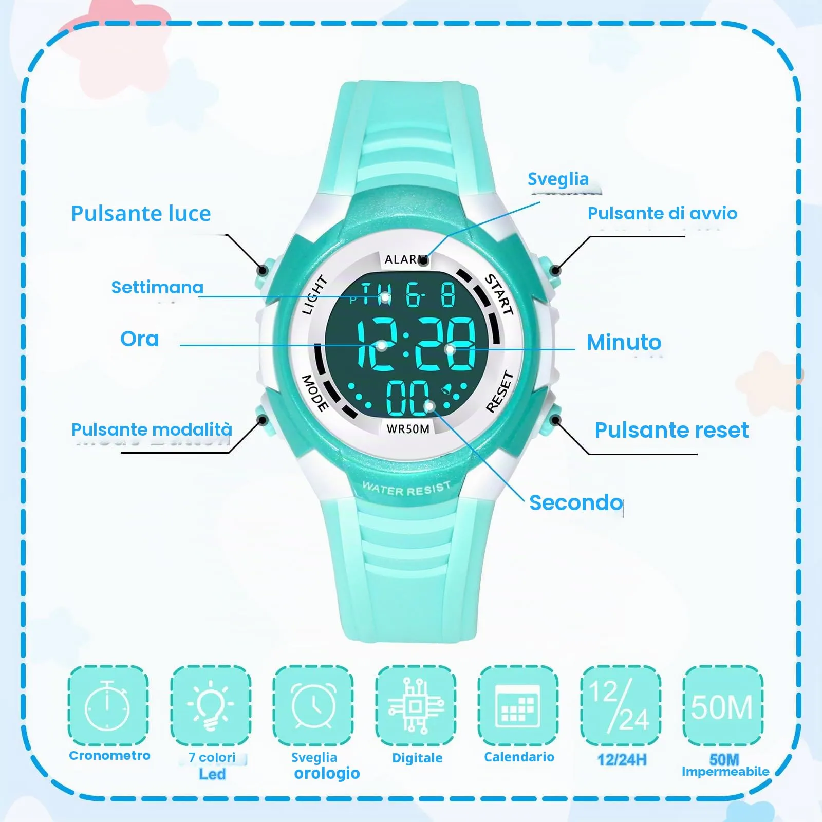 DTKID Orologio Digitale Bambini LED 7 Colori, Sveglia, Timer, Impermeabile 5 ATM - immagine 4