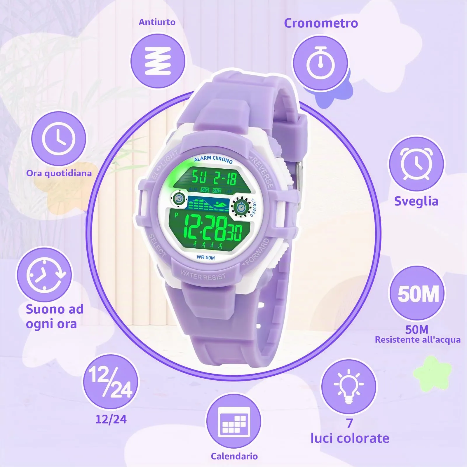 DTKID Orologio Digitale Bambini LED 7 Colori, Sveglia, Timer, Impermeabile 5 ATM - immagine 2