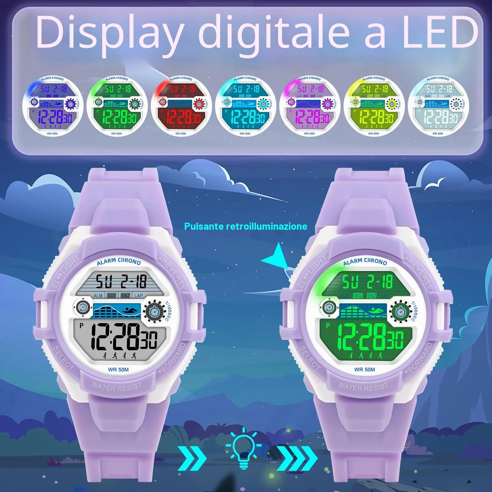 DTKID Orologio Digitale Bambini LED 7 Colori, Sveglia, Timer, Impermeabile 5 ATM - immagine 3