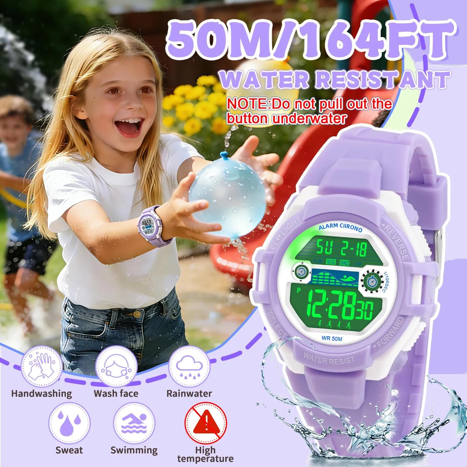 DTKID Orologio Digitale Bambini LED 7 Colori, Sveglia, Timer, Impermeabile 5 ATM - immagine 4