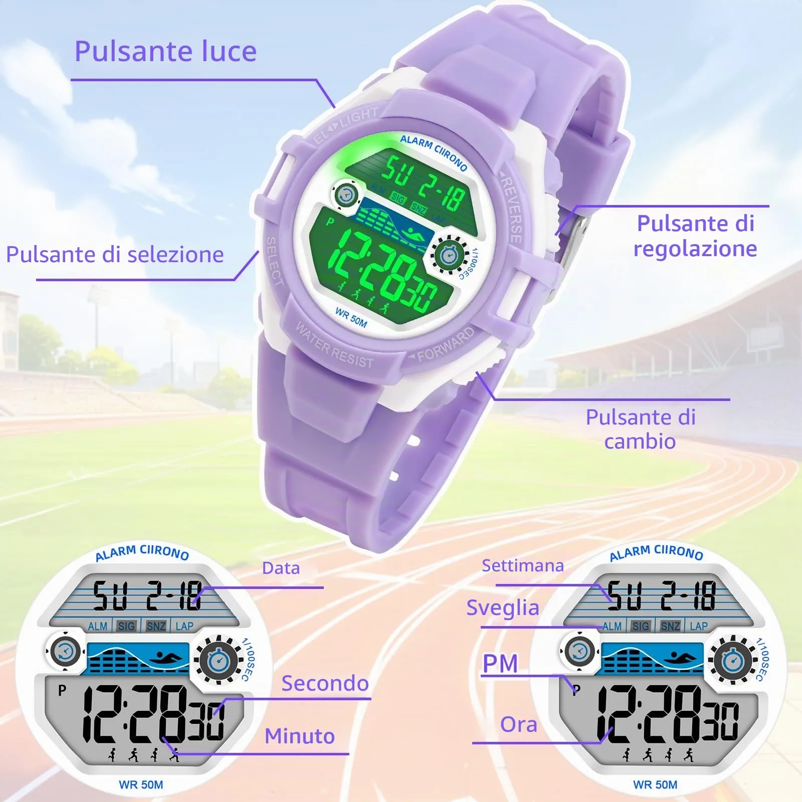 DTKID Orologio Digitale Bambini LED 7 Colori, Sveglia, Timer, Impermeabile 5 ATM - immagine 6