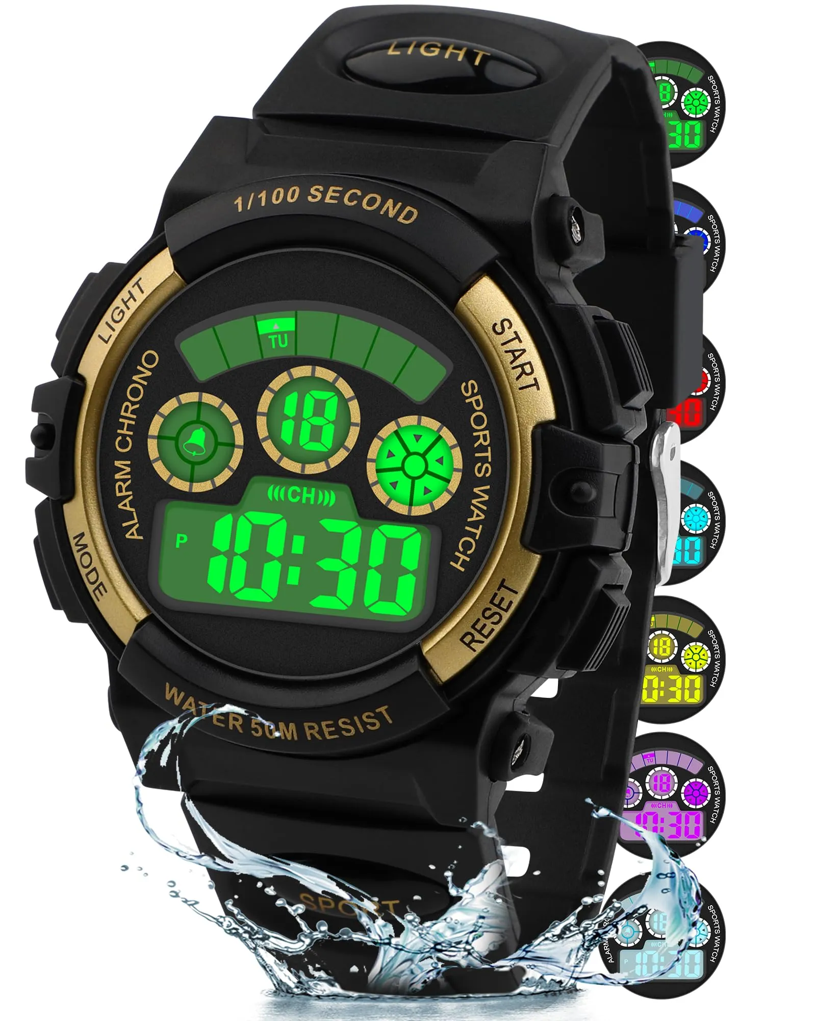 DTKID Orologio Bambini Digitale 7 LED, Sveglia, Timer, 5ATM (Nero Oro) - immagine 1