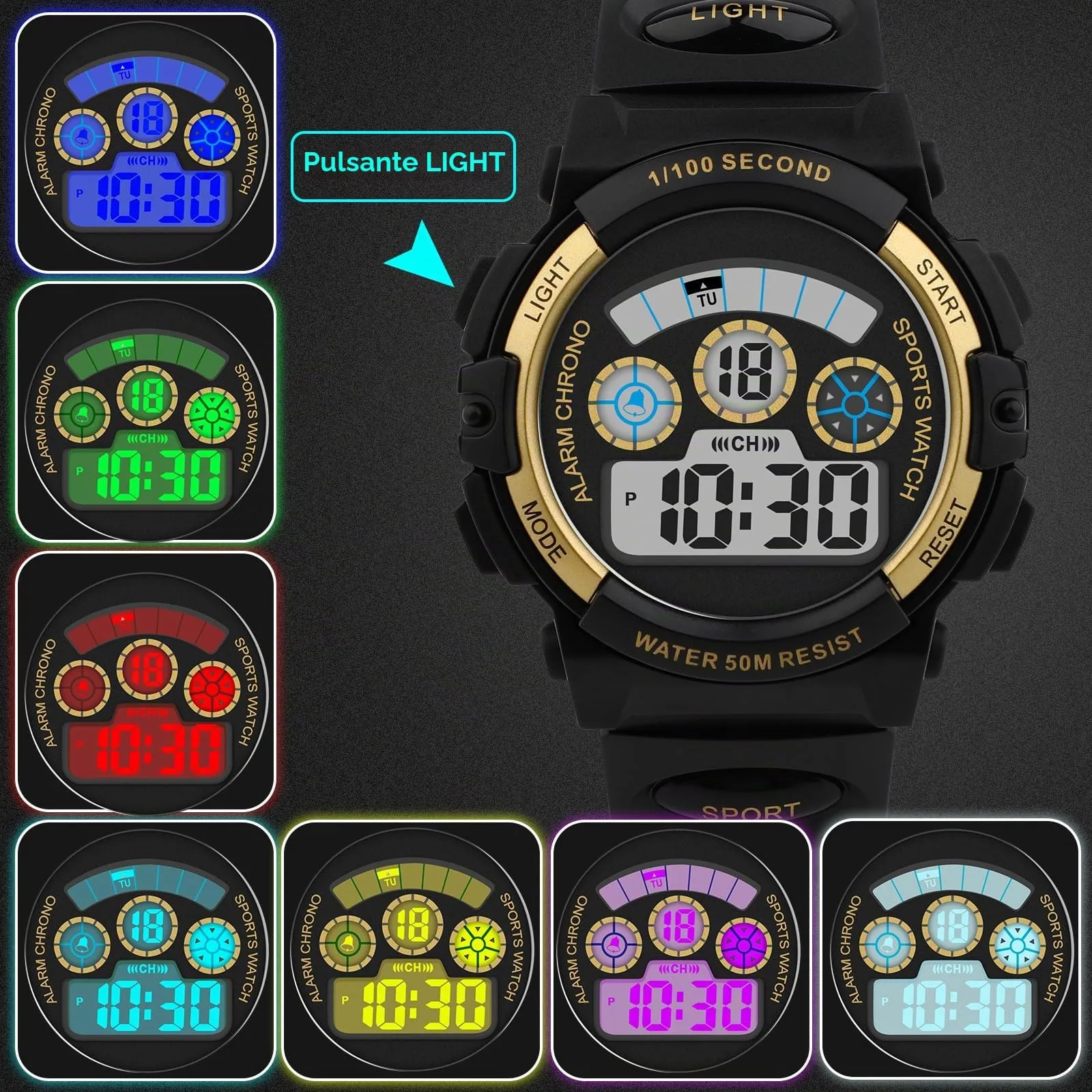 DTKID Orologio Bambini Digitale 7 LED, Sveglia, Timer, 5ATM (Nero Oro) - immagine 2