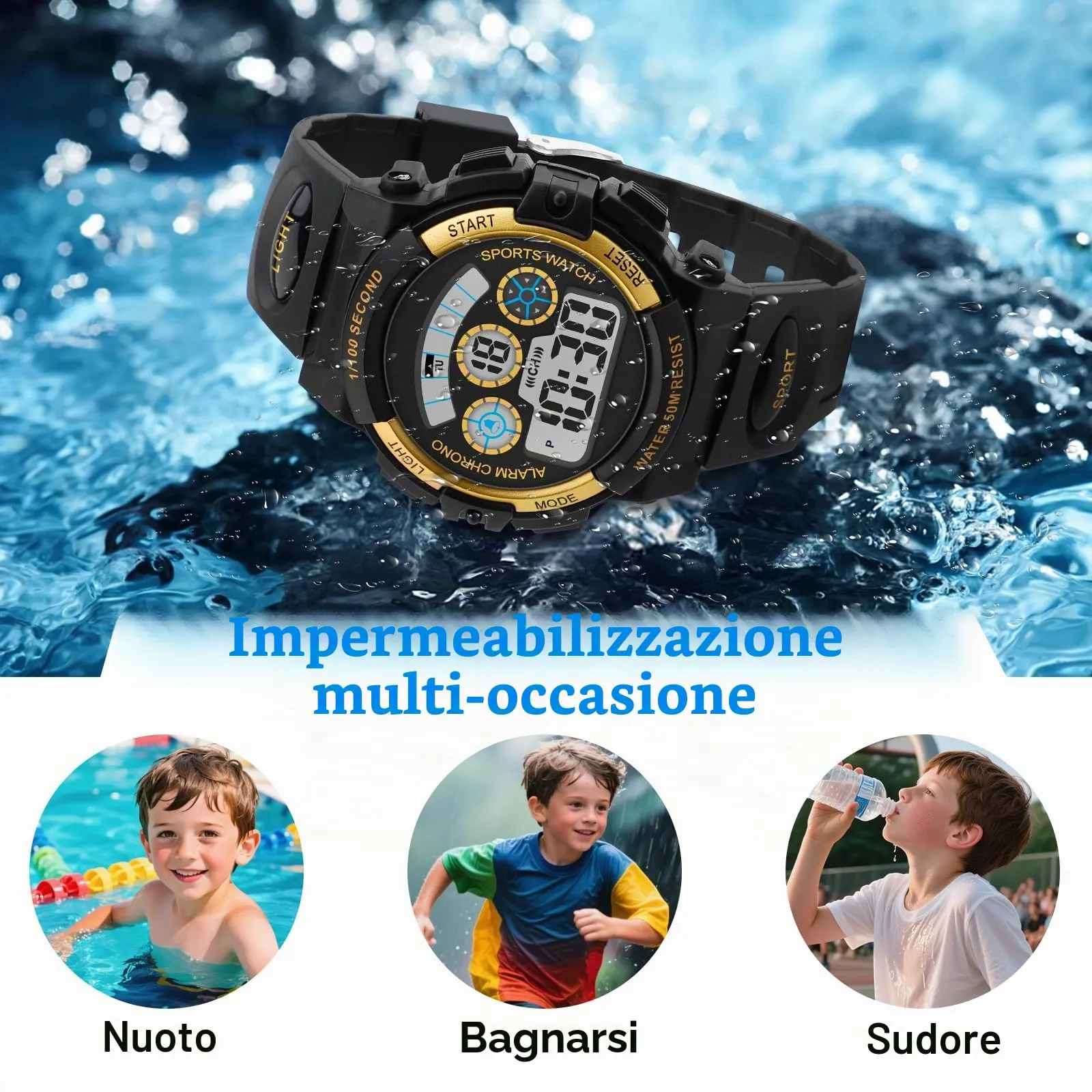 DTKID Orologio Bambini Digitale 7 LED, Sveglia, Timer, 5ATM (Nero Oro) - immagine 3