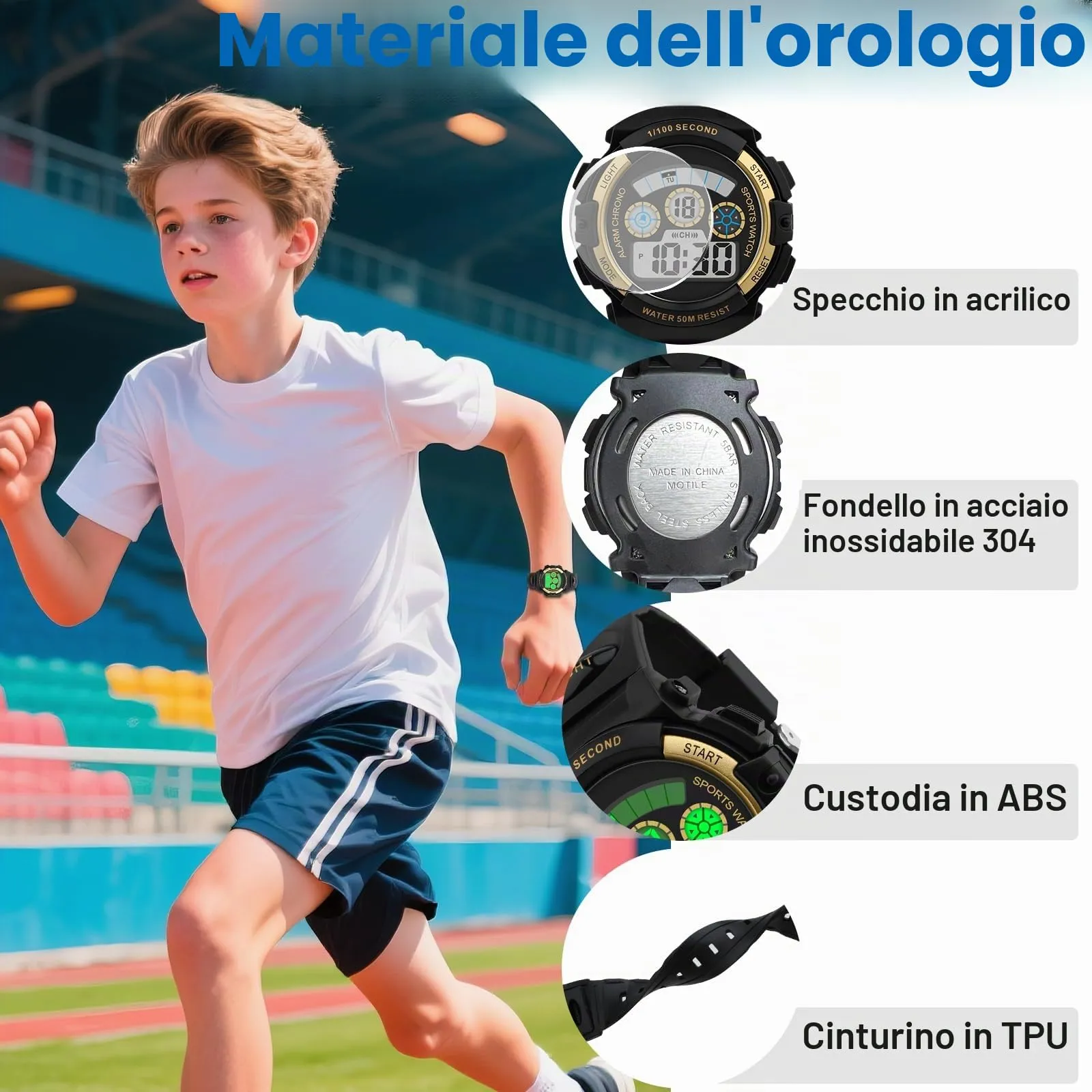 DTKID Orologio Bambini Digitale 7 LED, Sveglia, Timer, 5ATM (Nero Oro) - immagine 4