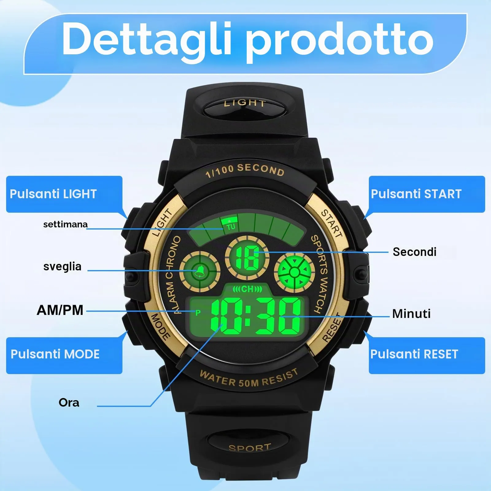 DTKID Orologio Bambini Digitale 7 LED, Sveglia, Timer, 5ATM (Nero Oro) - immagine 5