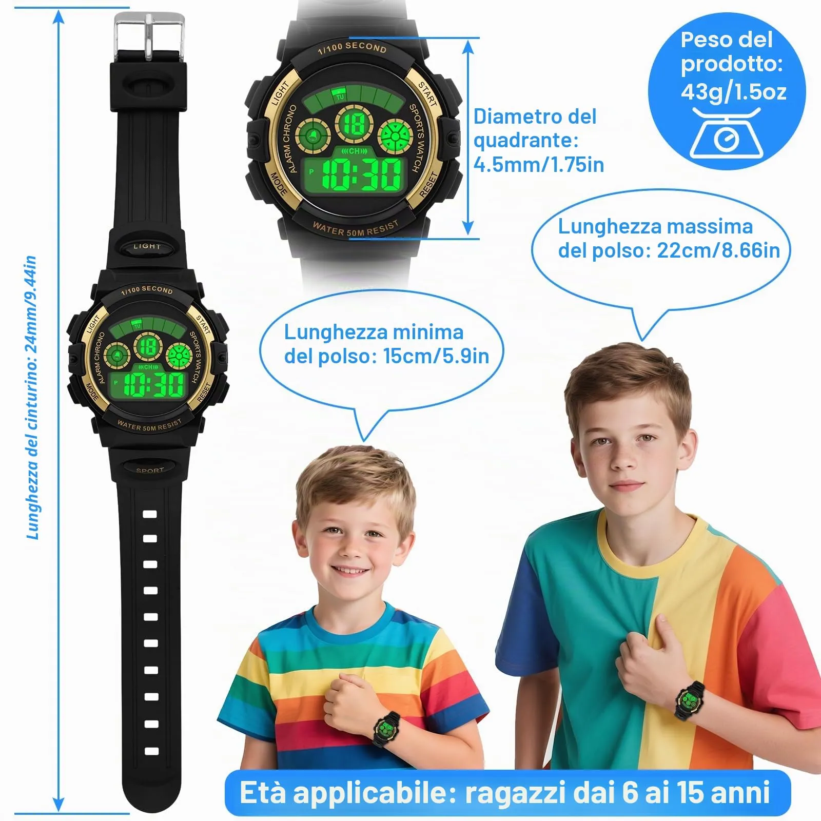 DTKID Orologio Bambini Digitale 7 LED, Sveglia, Timer, 5ATM (Nero Oro) - immagine 6