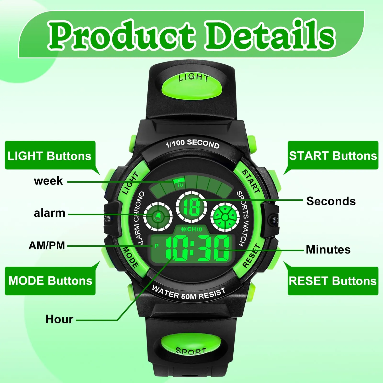 DTKID Orologio Digitale Bambini, LED 7 Colori, Cronometro, 5ATM - immagine 4