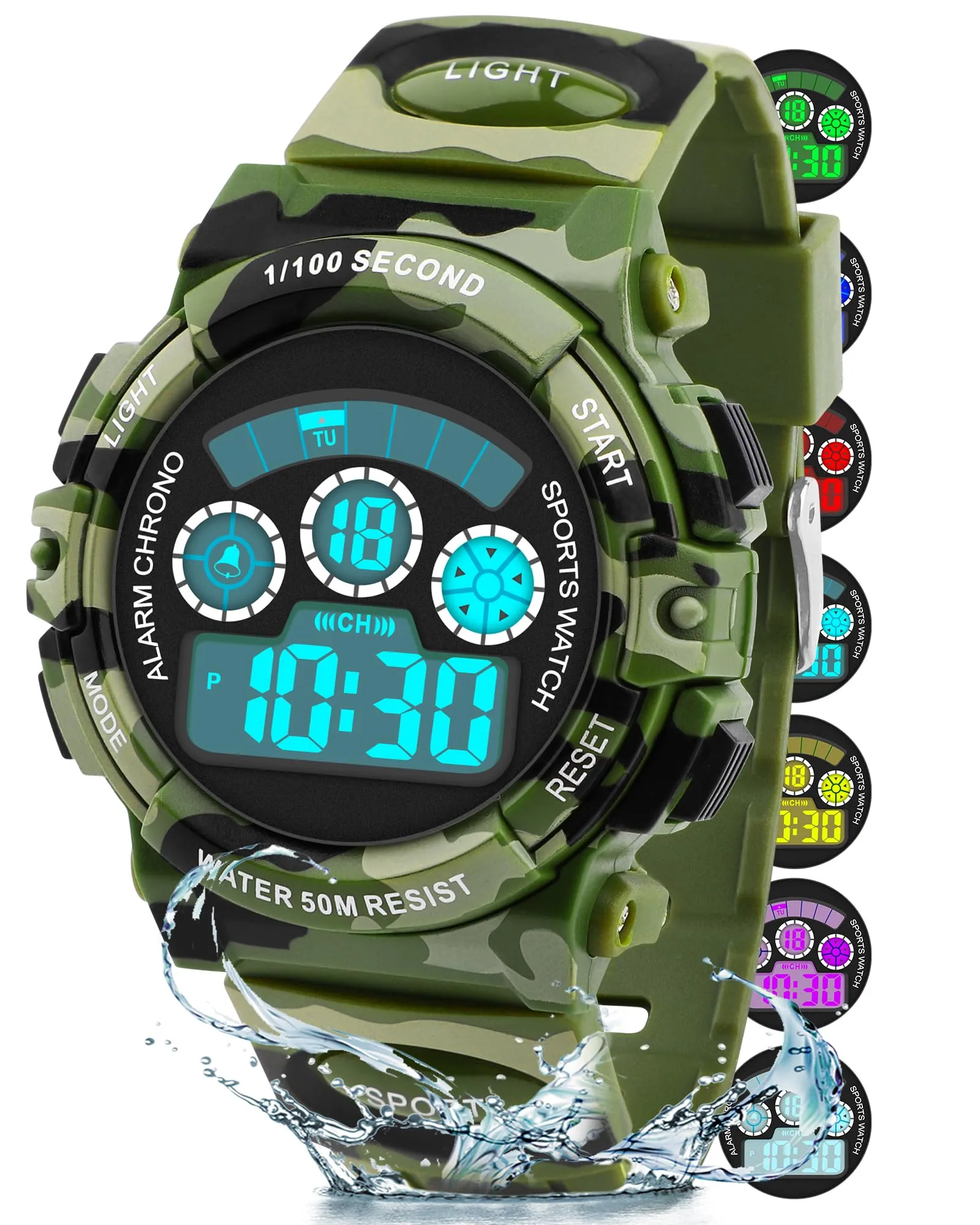 DTKID Orologio Bambini Digitale 7 LED, Sveglia, Timer, 5ATM (Mimetico) - immagine 1