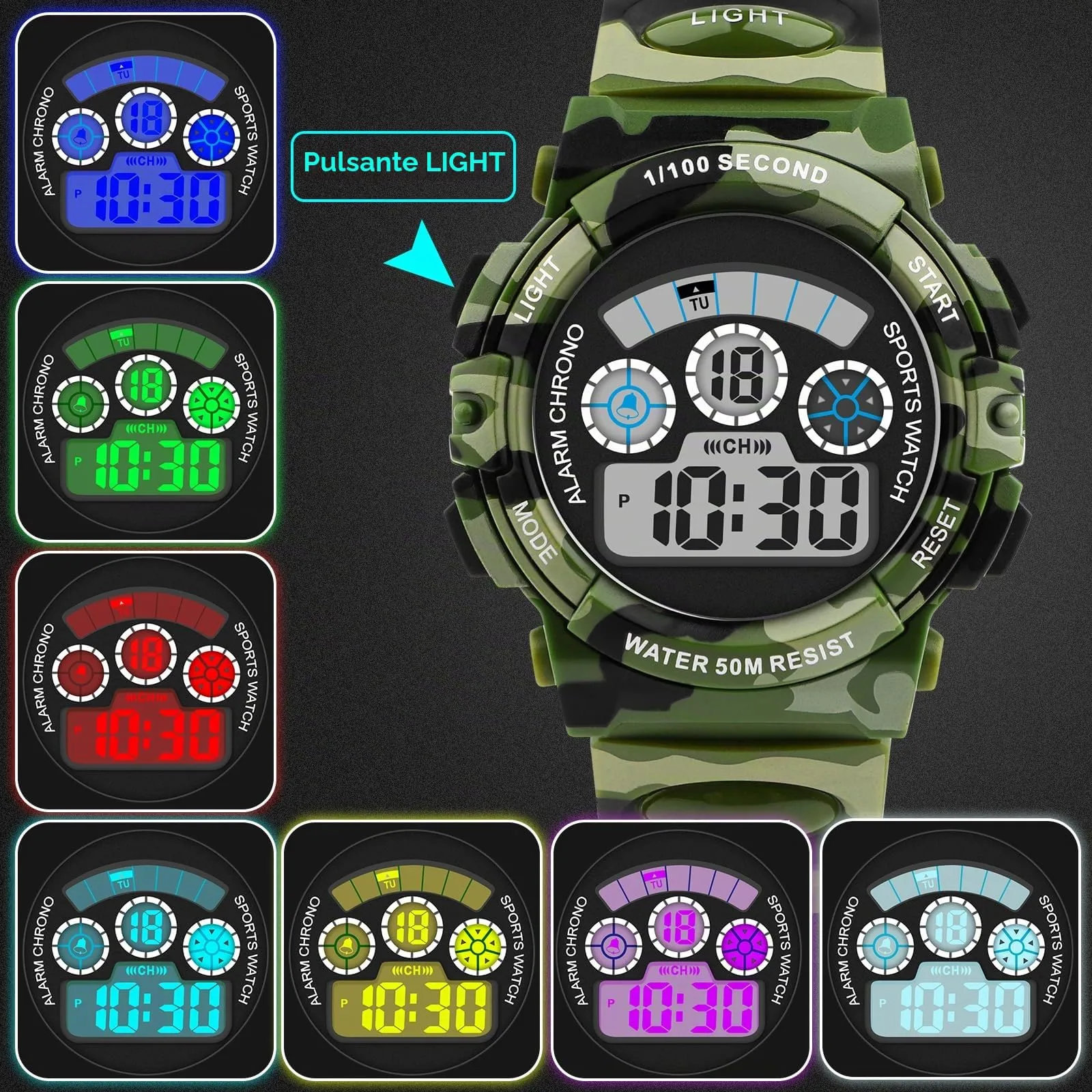 DTKID Orologio Bambini Digitale 7 LED, Sveglia, Timer, 5ATM (Mimetico) - immagine 2