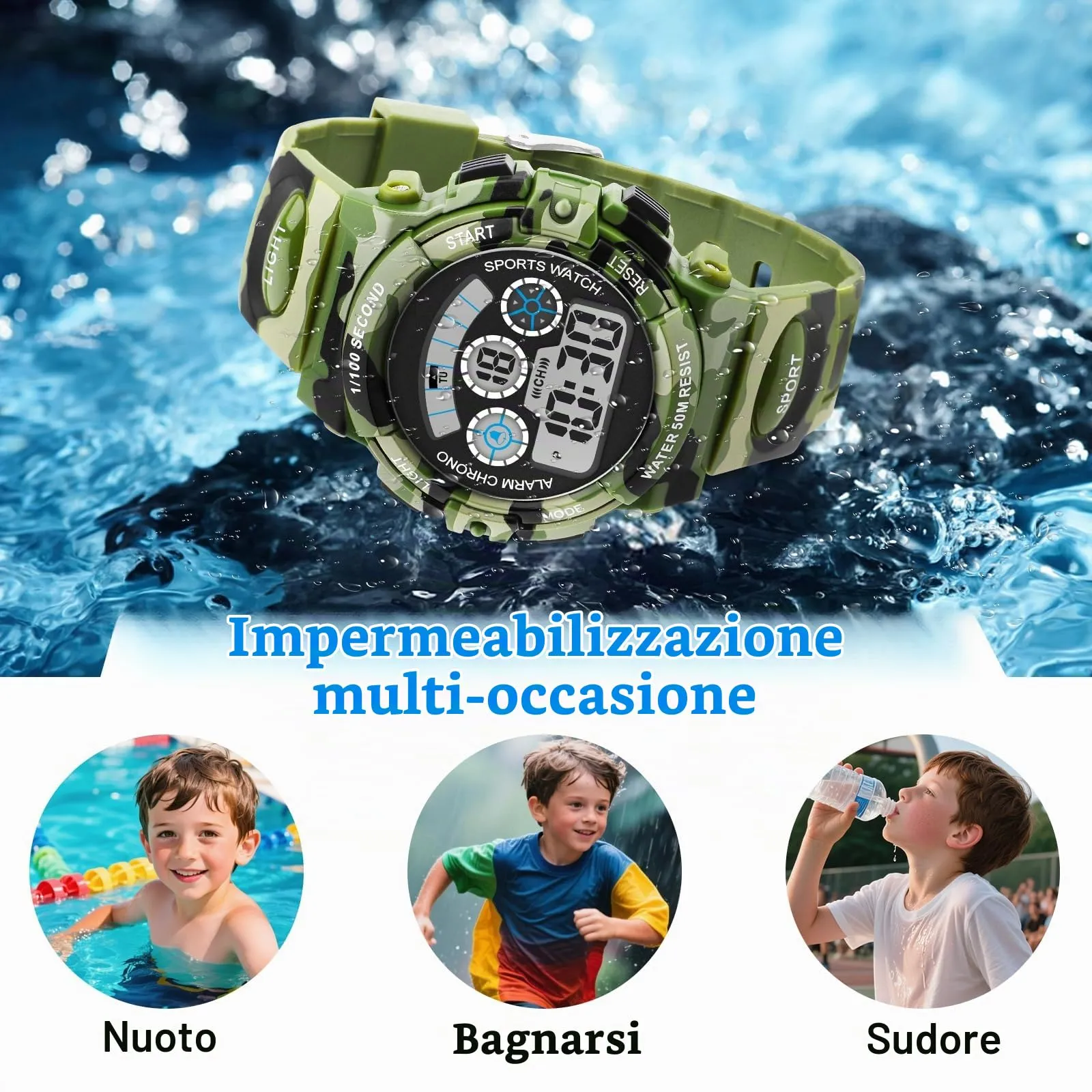 DTKID Orologio Bambini Digitale 7 LED, Sveglia, Timer, 5ATM (Mimetico) - immagine 3