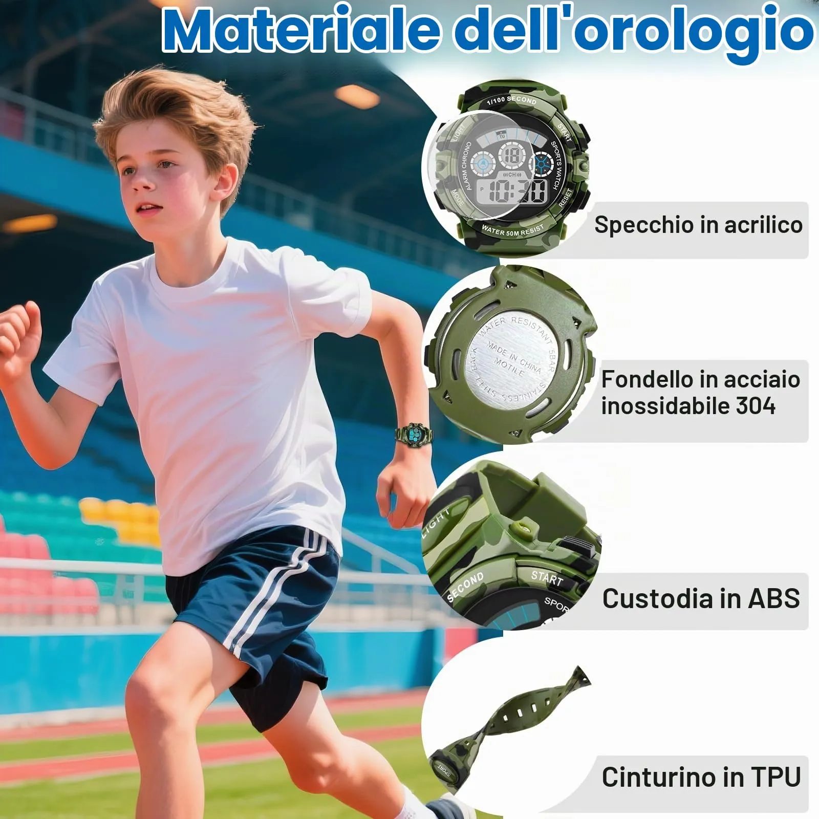 DTKID Orologio Bambini Digitale 7 LED, Sveglia, Timer, 5ATM (Mimetico) - immagine 4