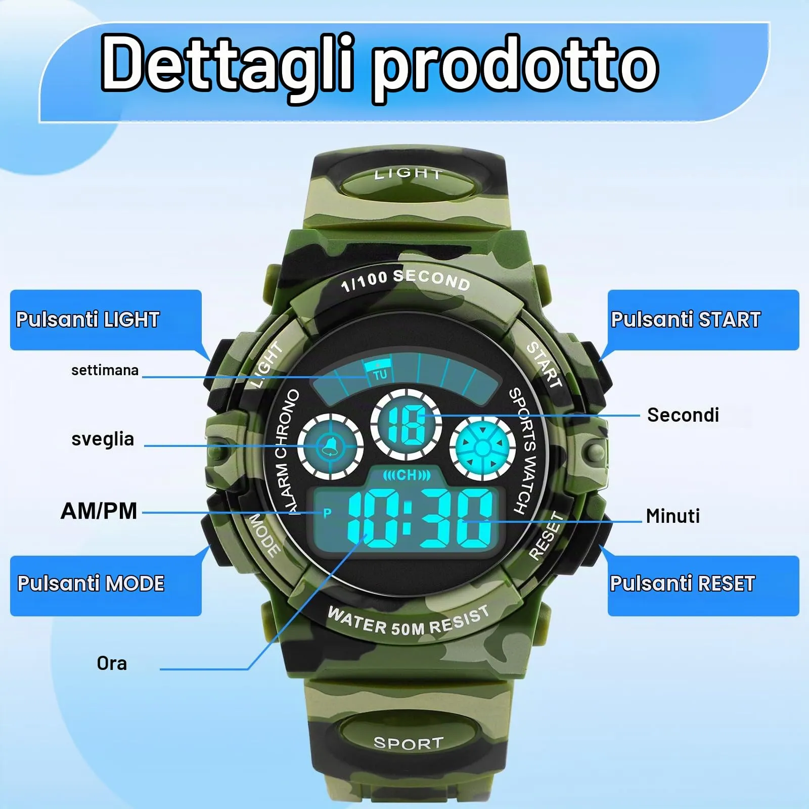 DTKID Orologio Bambini Digitale 7 LED, Sveglia, Timer, 5ATM (Mimetico) - immagine 5