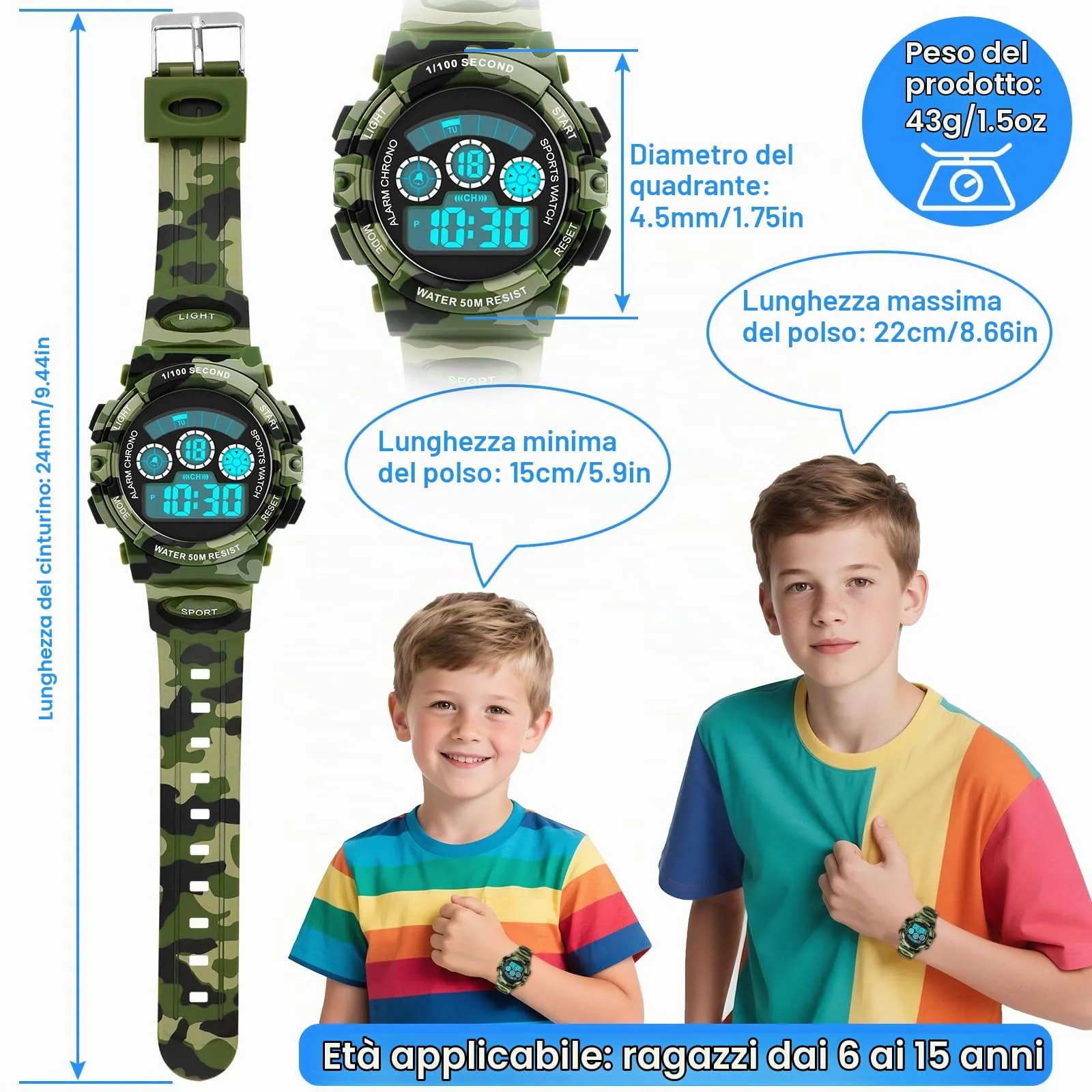 DTKID Orologio Bambini Digitale 7 LED, Sveglia, Timer, 5ATM (Mimetico) - immagine 6