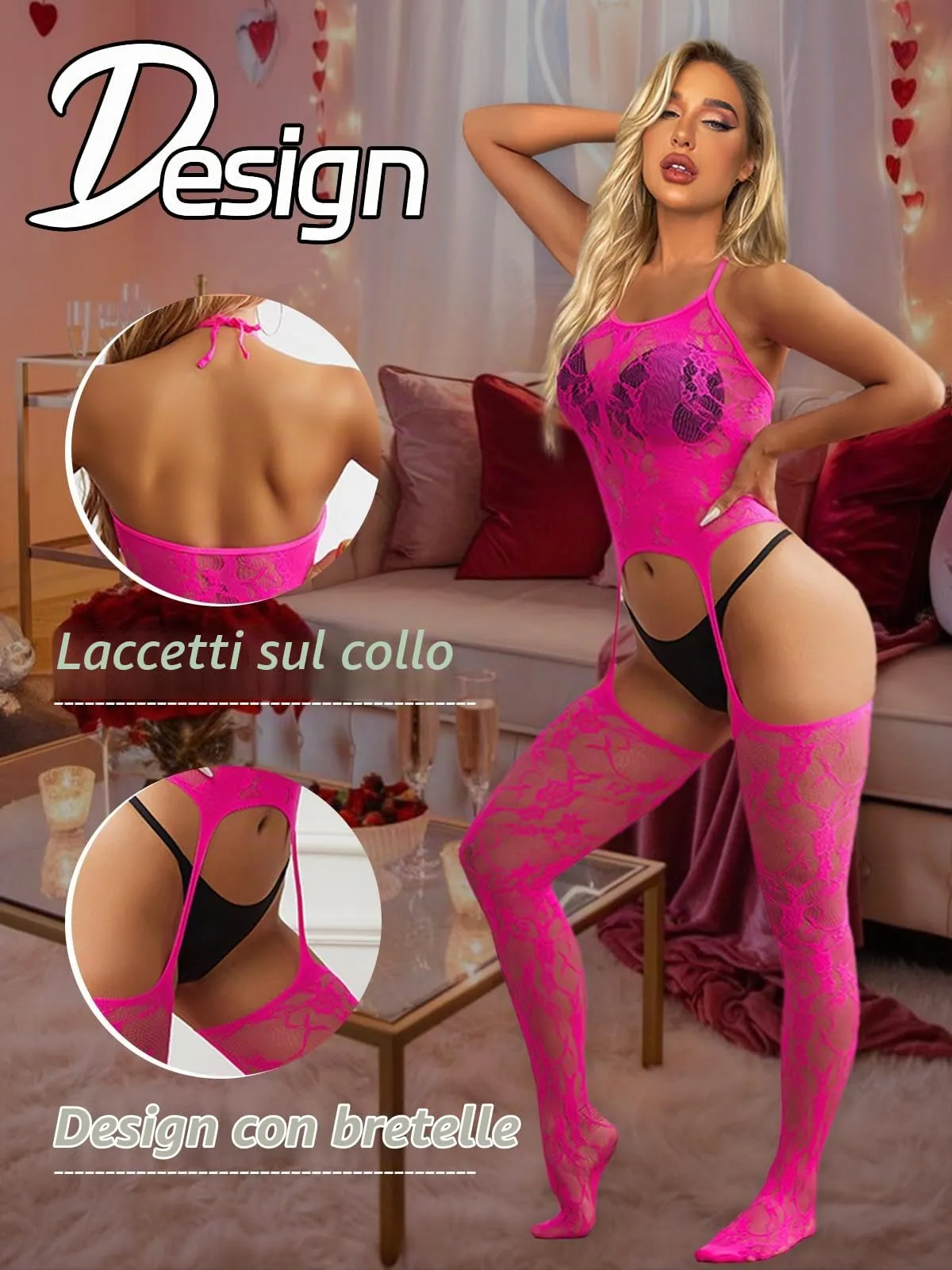 Buitifo Donna Fishnet Bodystocking Pigiama - Rosa GB, Taglia unica - immagine 2