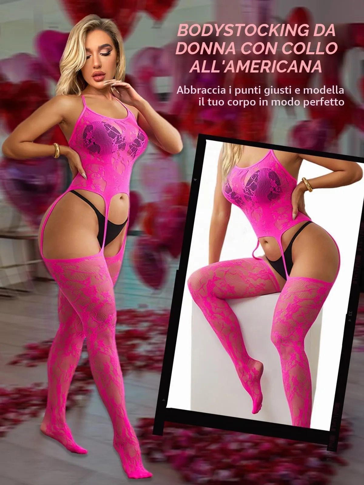 Buitifo Donna Fishnet Bodystocking Pigiama - Rosa GB, Taglia unica - immagine 3