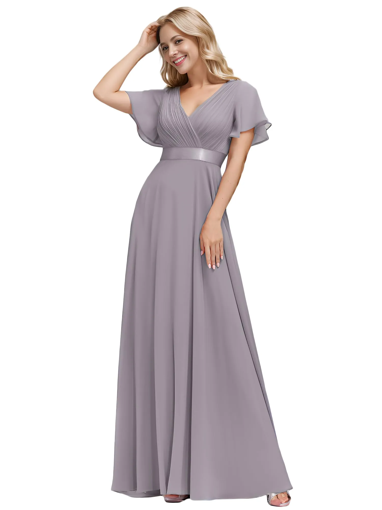 Ever-Pretty Abito Cerimonia Donna a V Linea ad A con Maniche a Volant, Grigio, 52 - immagine 1