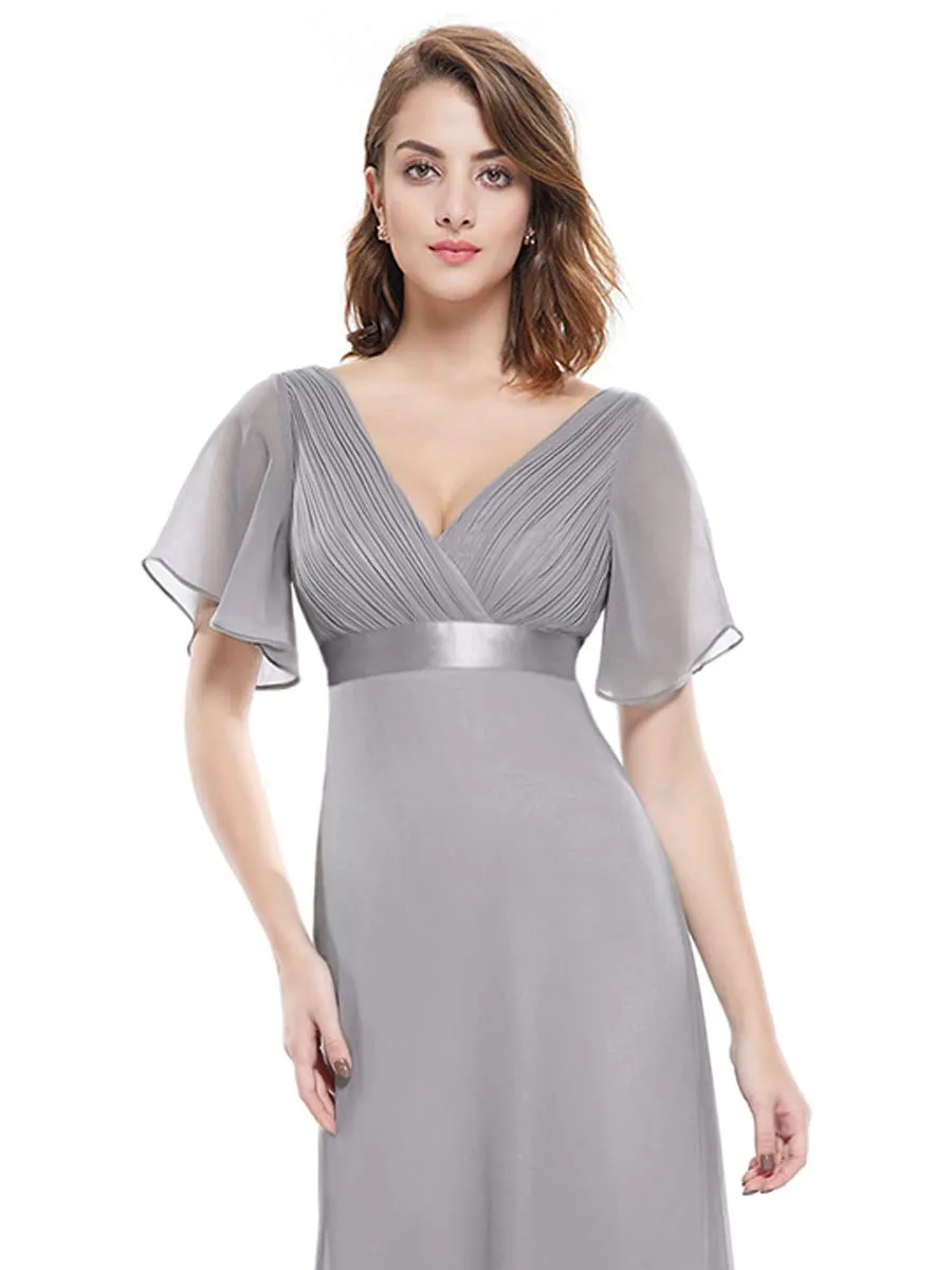 Ever-Pretty Abito Cerimonia Donna a V Linea ad A con Maniche a Volant, Grigio, 52 - immagine 7