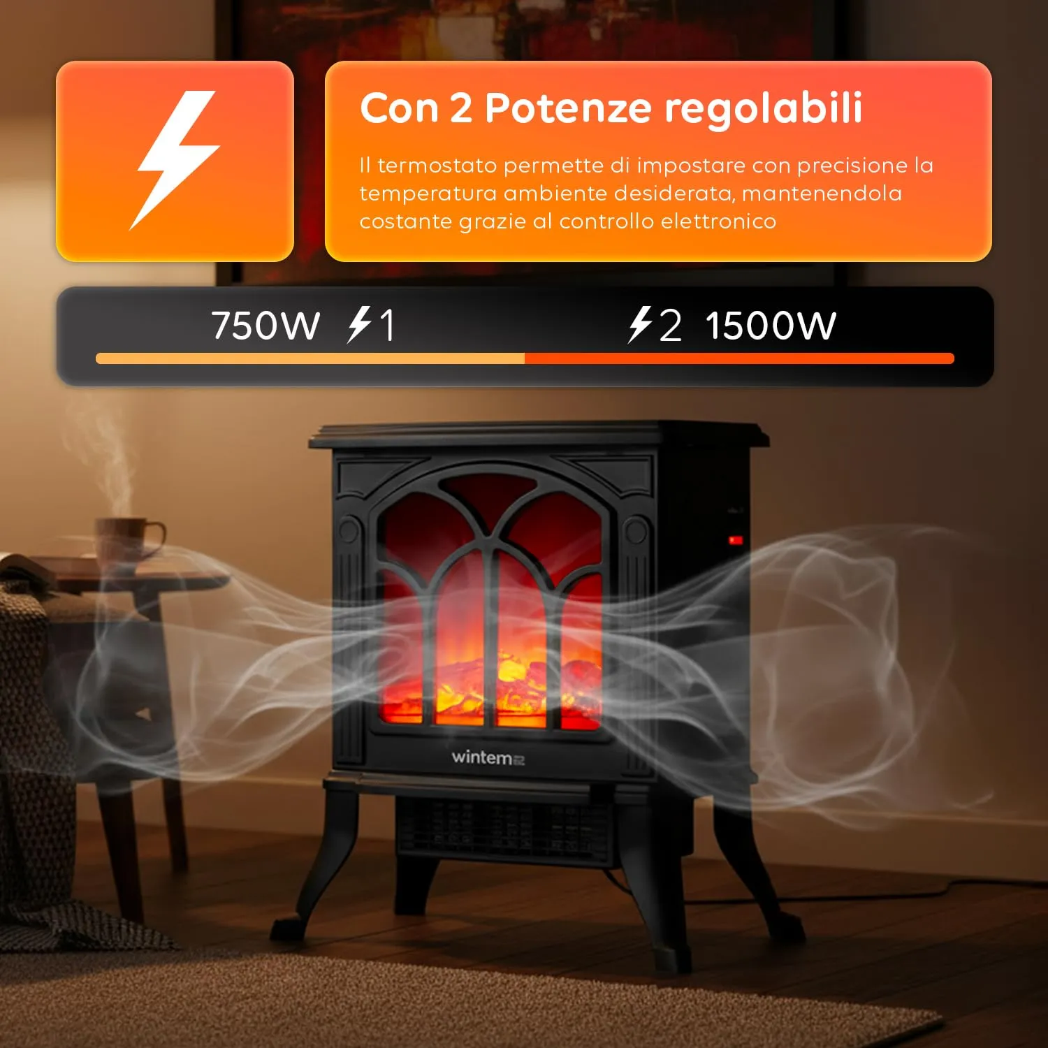 MaisonRouge Persefone Caminetto Elettrico da Terra, Effetto Fiamma e Legna, 750W / 1500W, Nero, XL - immagine 3