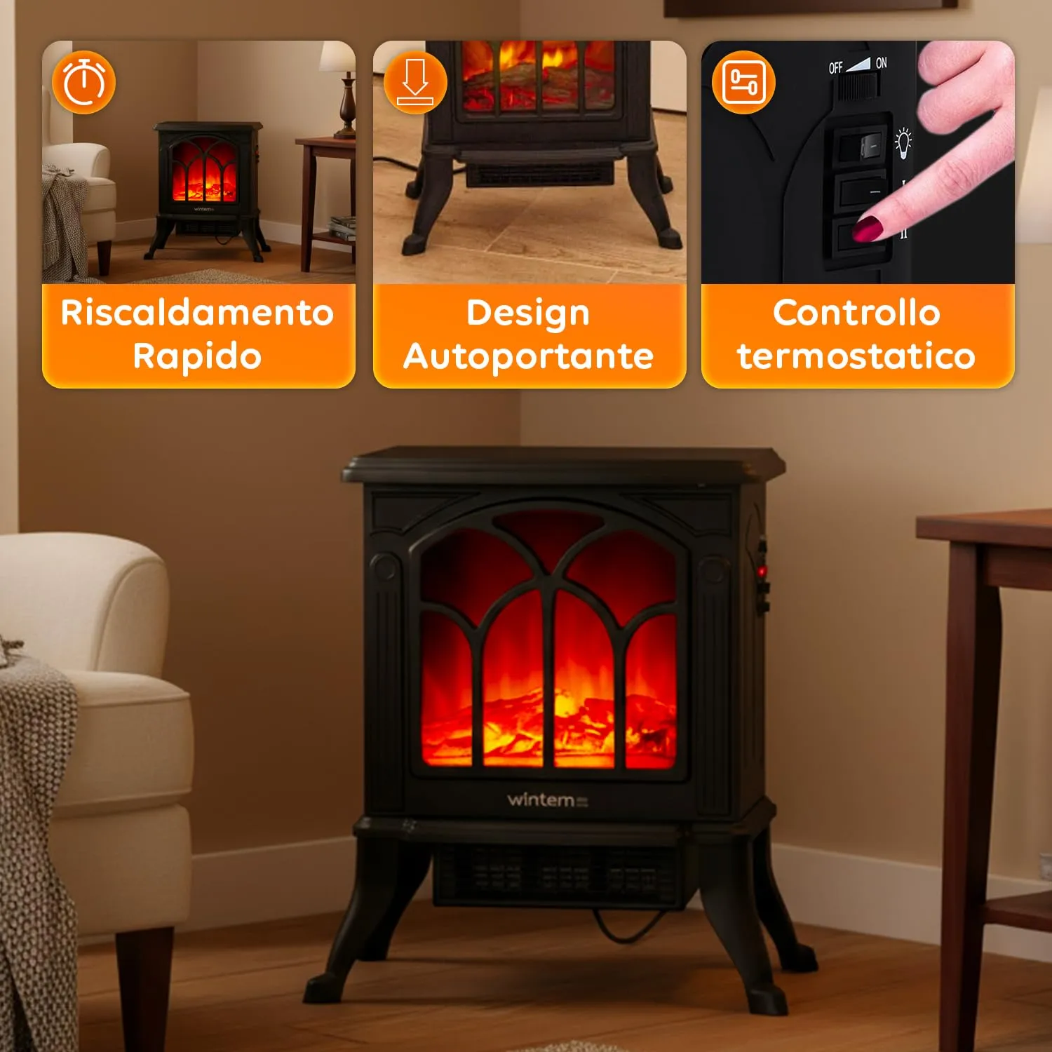 MaisonRouge Persefone Caminetto Elettrico da Terra, Effetto Fiamma e Legna, 750W / 1500W, Nero, XL - immagine 4