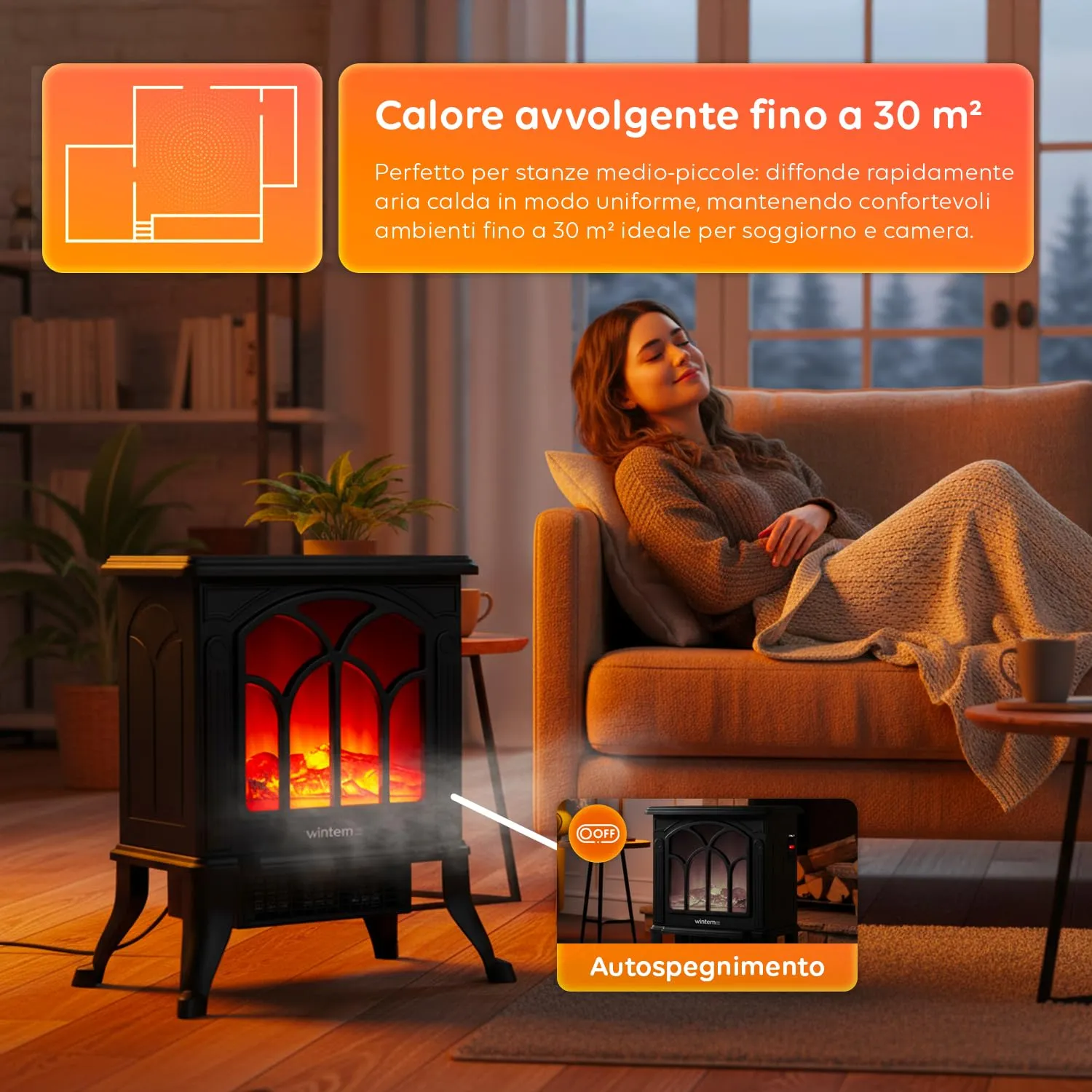 MaisonRouge Persefone Caminetto Elettrico da Terra, Effetto Fiamma e Legna, 750W / 1500W, Nero, XL - immagine 6
