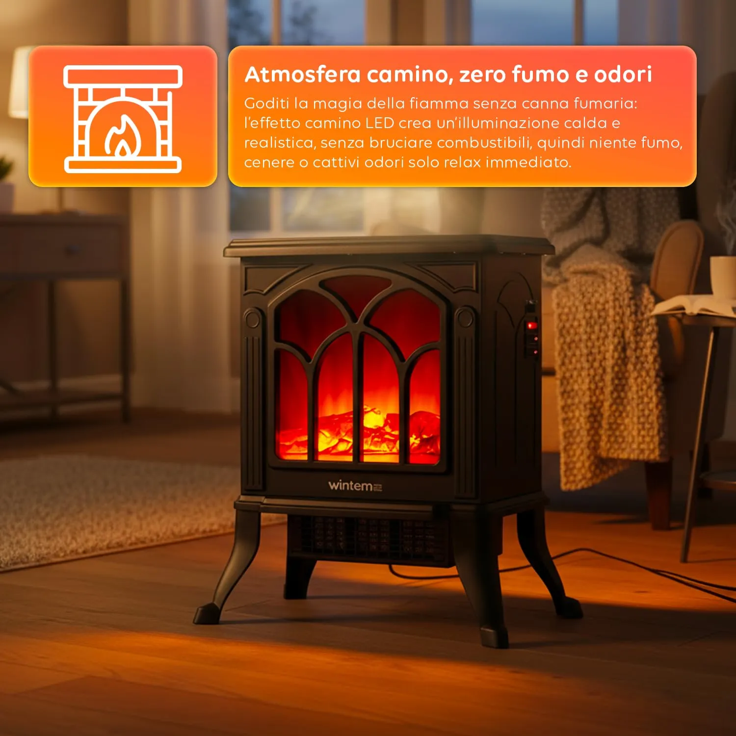 MaisonRouge Persefone Caminetto Elettrico da Terra, Effetto Fiamma e Legna, 750W / 1500W, Nero, XL - immagine 7