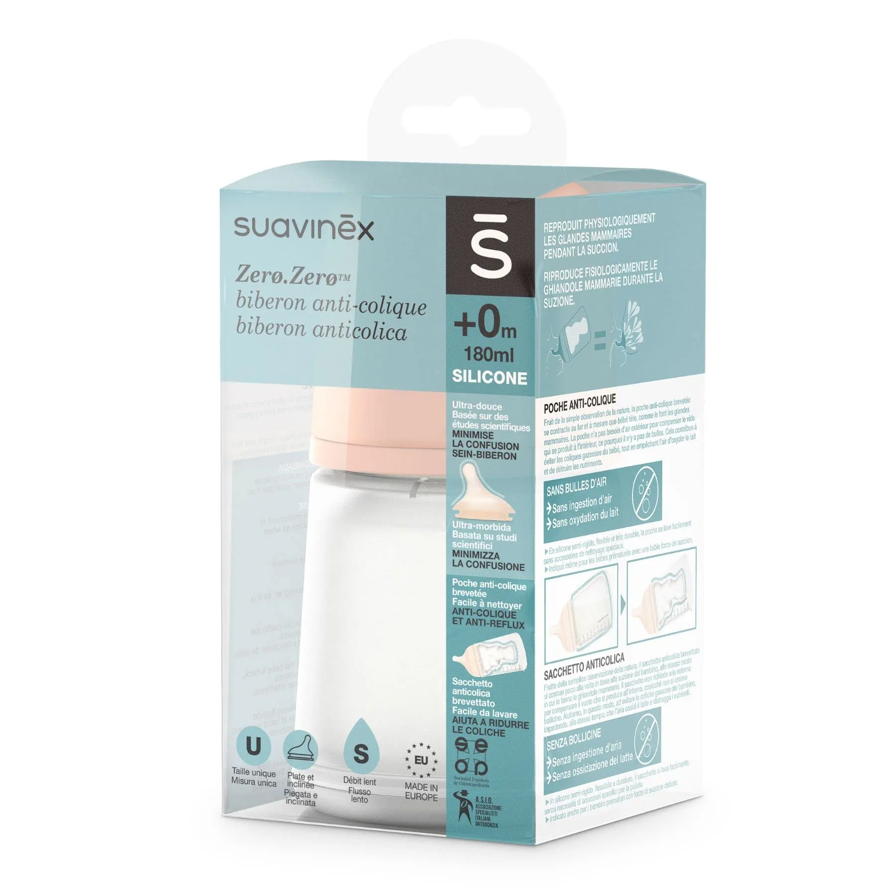 Suavinex Biberon Zero.Zero Anticolica 180 ml - Tettarella S flusso lento - immagine 2