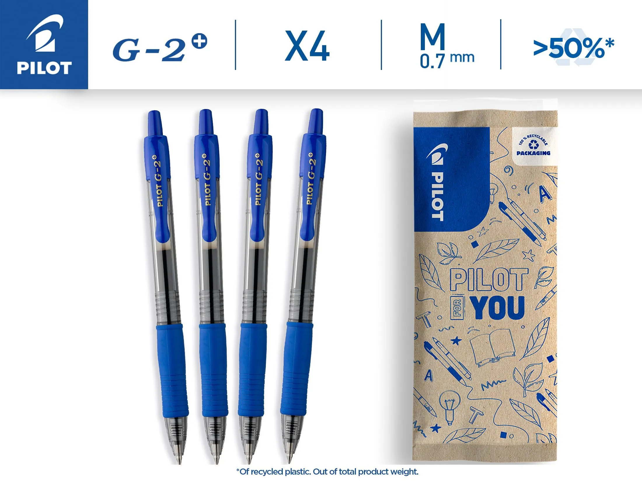 Pilot G2 Penne roller in gel a scatto ricaricabili, Punta Media, Blu, Set di 4 - immagine 2