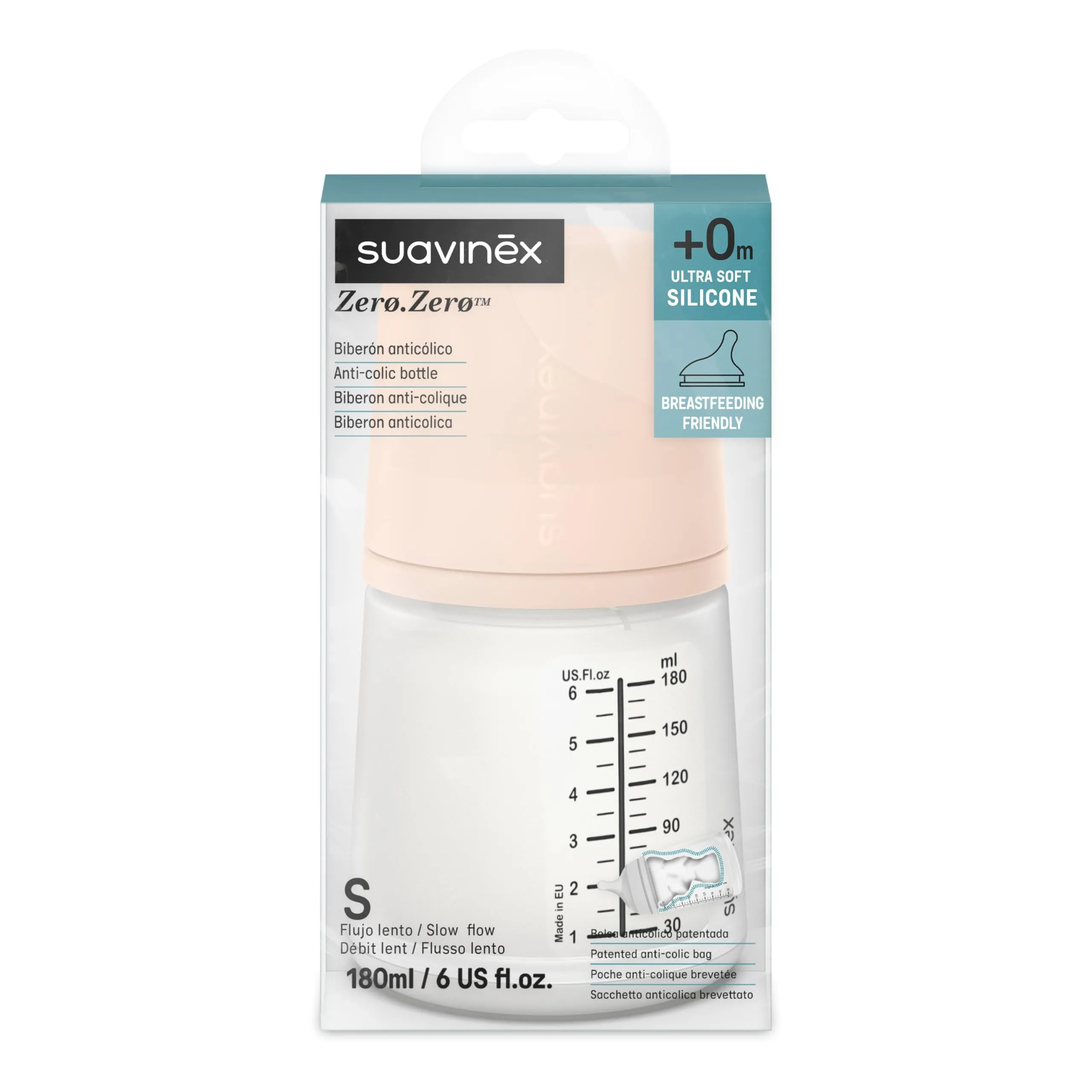 Suavinex Zero Zero Biberon Anti-Coliche, Silicone Flusso Lento, 180ml - immagine 2