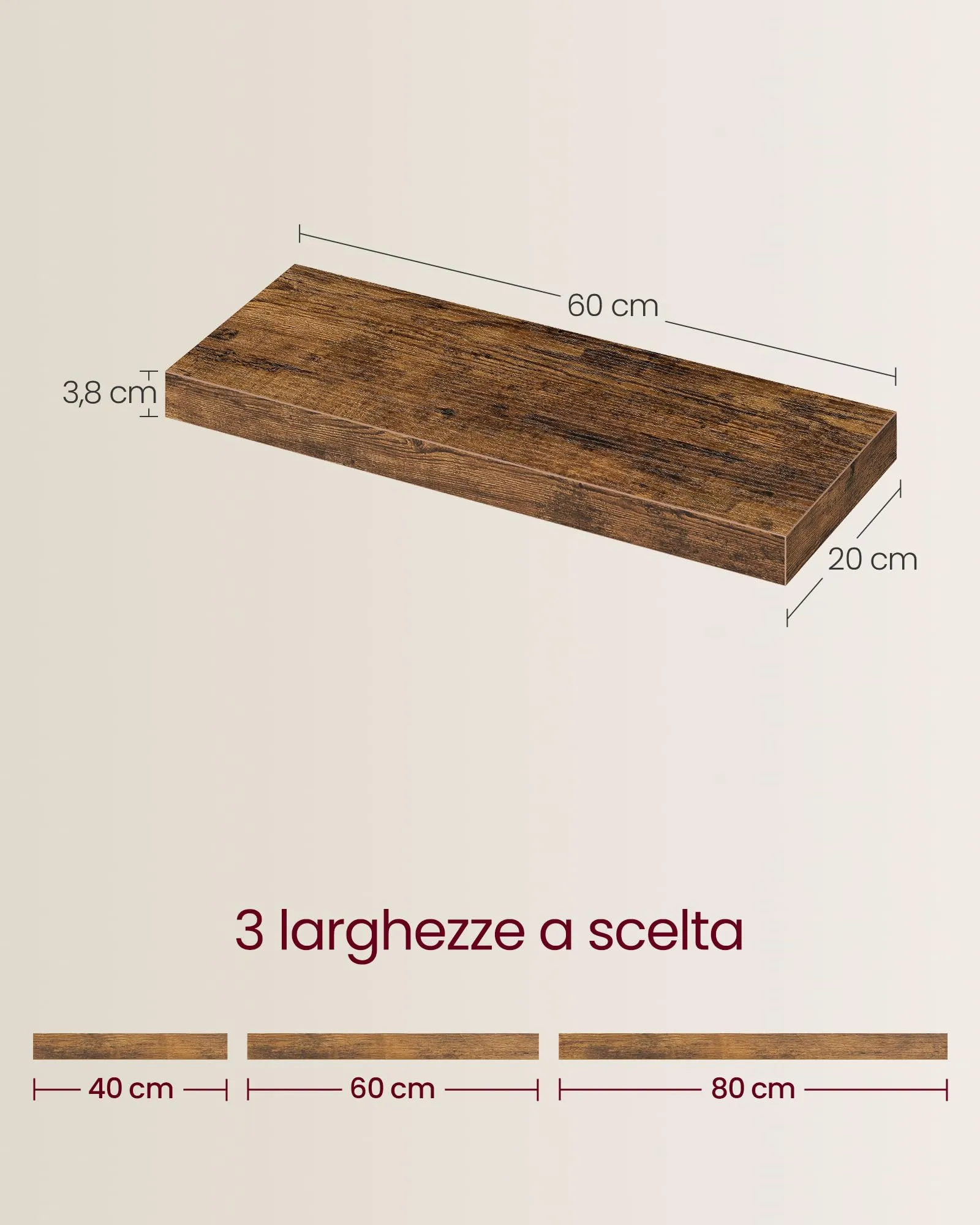 VASAGLE Mensola da Muro con Staffa a Scomparsa, 60 x 20 x 3,8 cm, Marrone Vintage - immagine 5