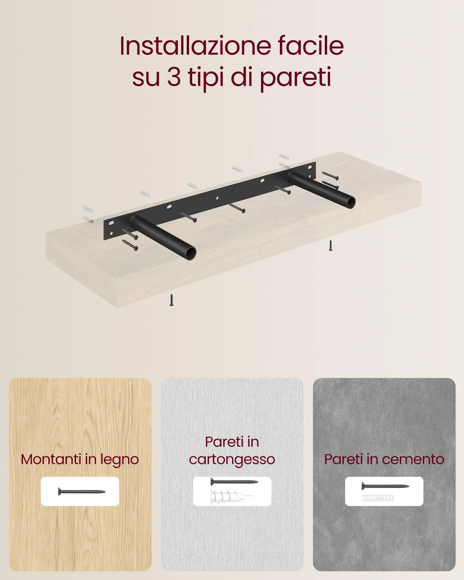 VASAGLE Mensola da Muro con Staffa a Scomparsa, 60 x 20 x 3,8 cm, Marrone Vintage - immagine 6
