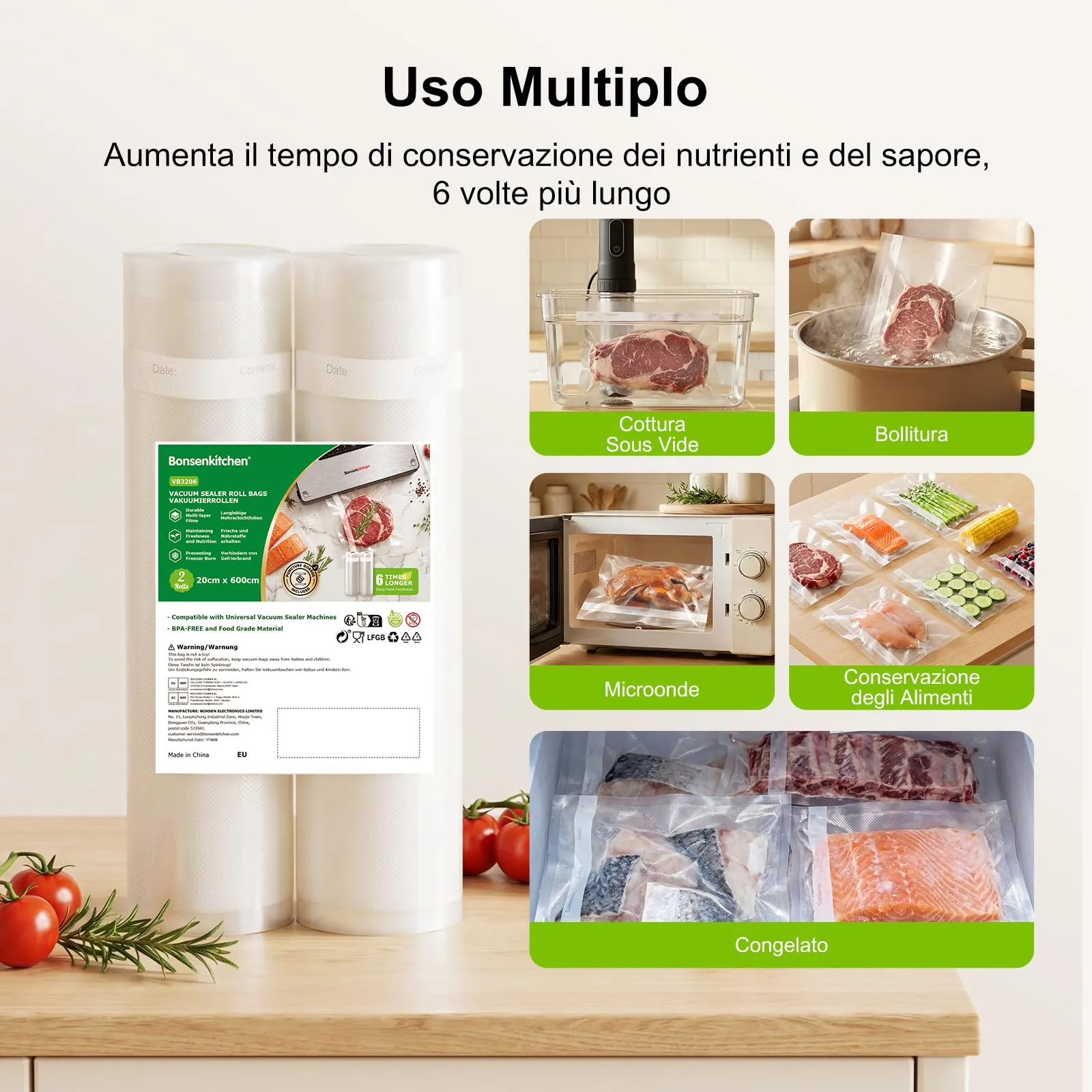 Bonsenkitchen Sacchetti per Sottovuoto, 2 Rotoli 20x600 cm - immagine 4