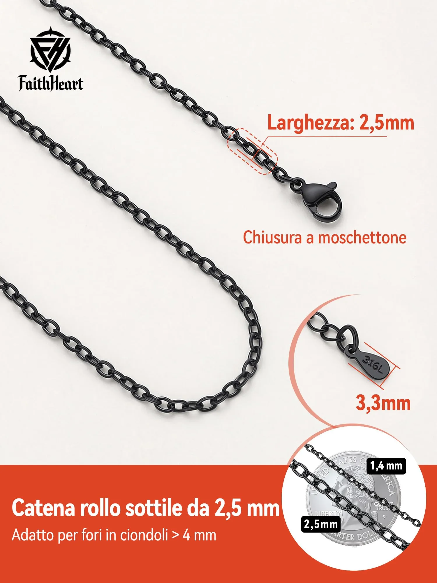 FaithHeart Catenina Donna Nero 2.5mm in Acciaio Inox 316L, 45cm - immagine 8