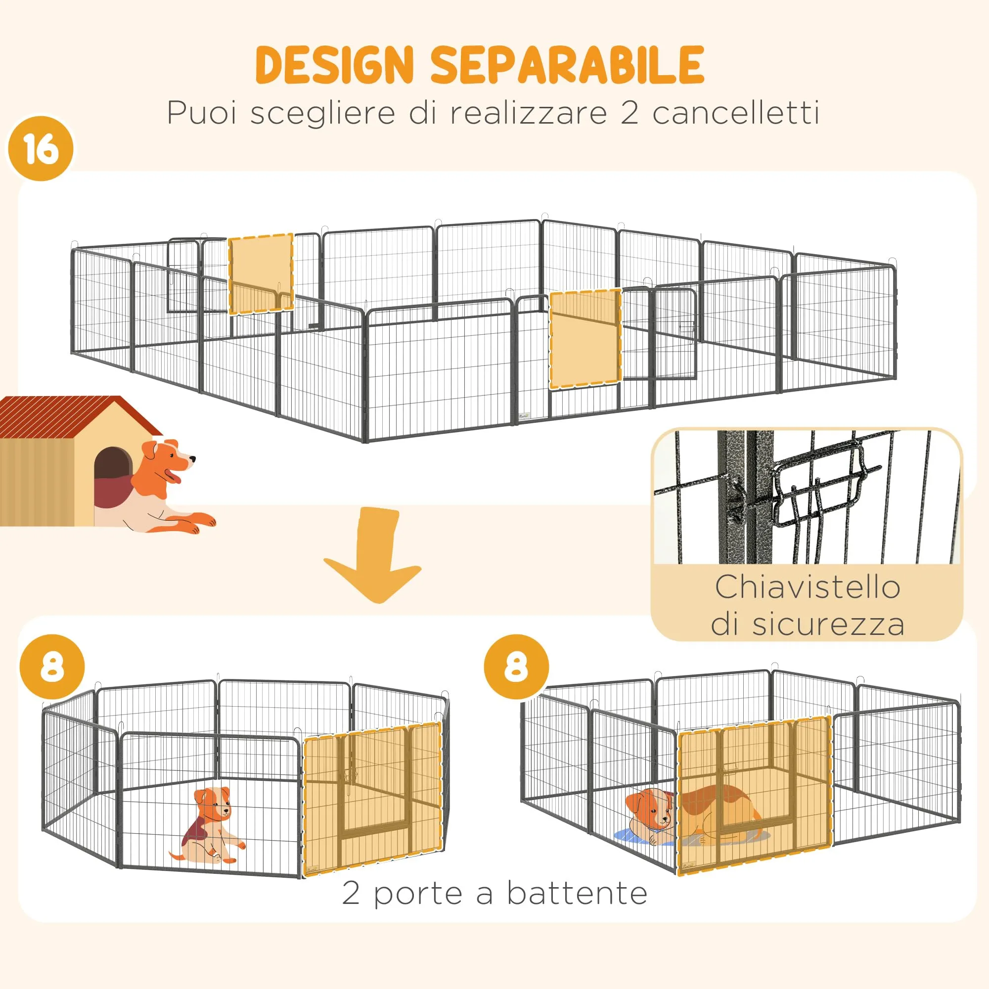 PawHut Recinto per Cani Piccola Taglia 16 Pannelli 80x60cm Grigio - immagine 4