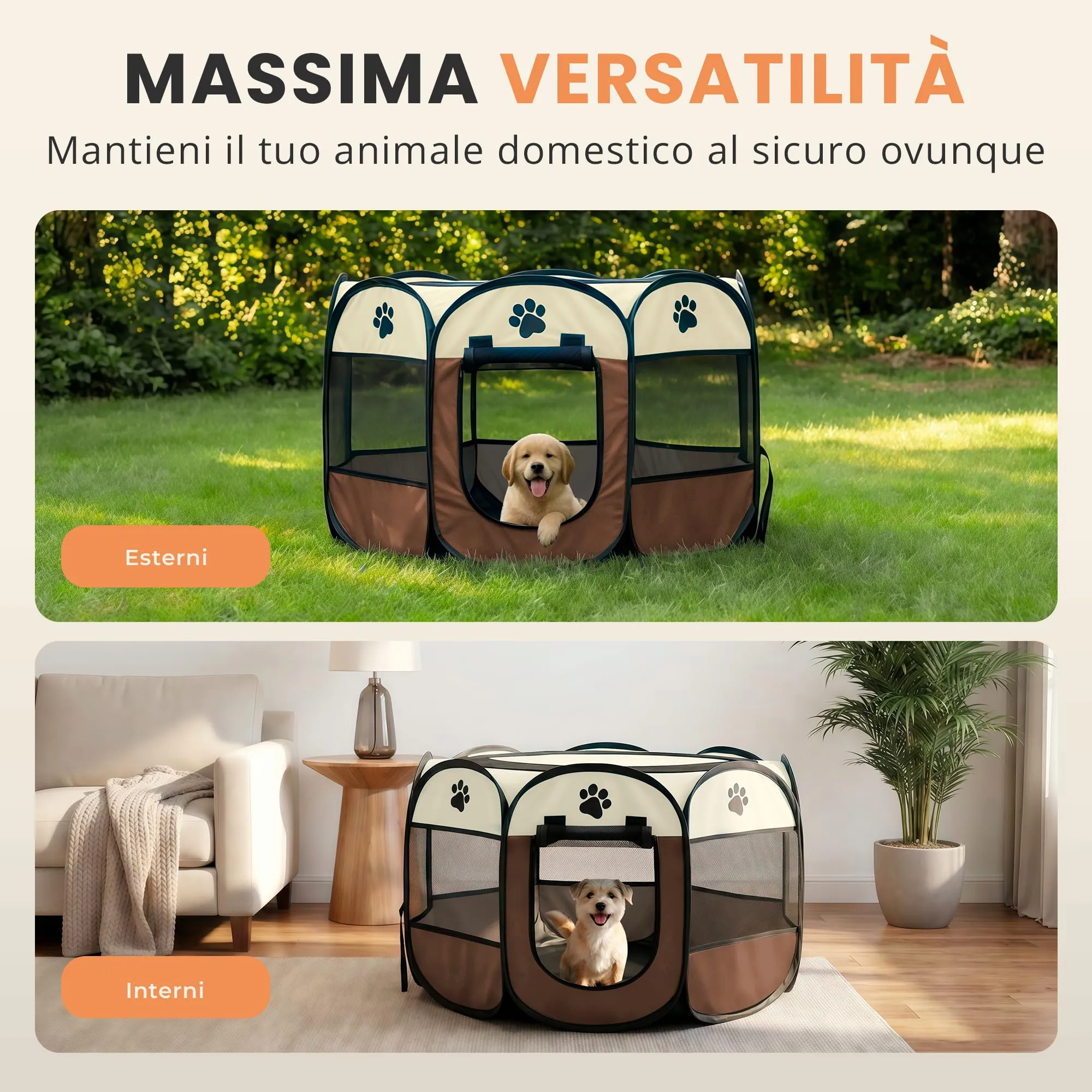 JUPPLIES Recinto Pieghevole per Cani e Gatti in Tessuto Oxford Impermeabile, Marrone, 73x73x43cm - immagine 3