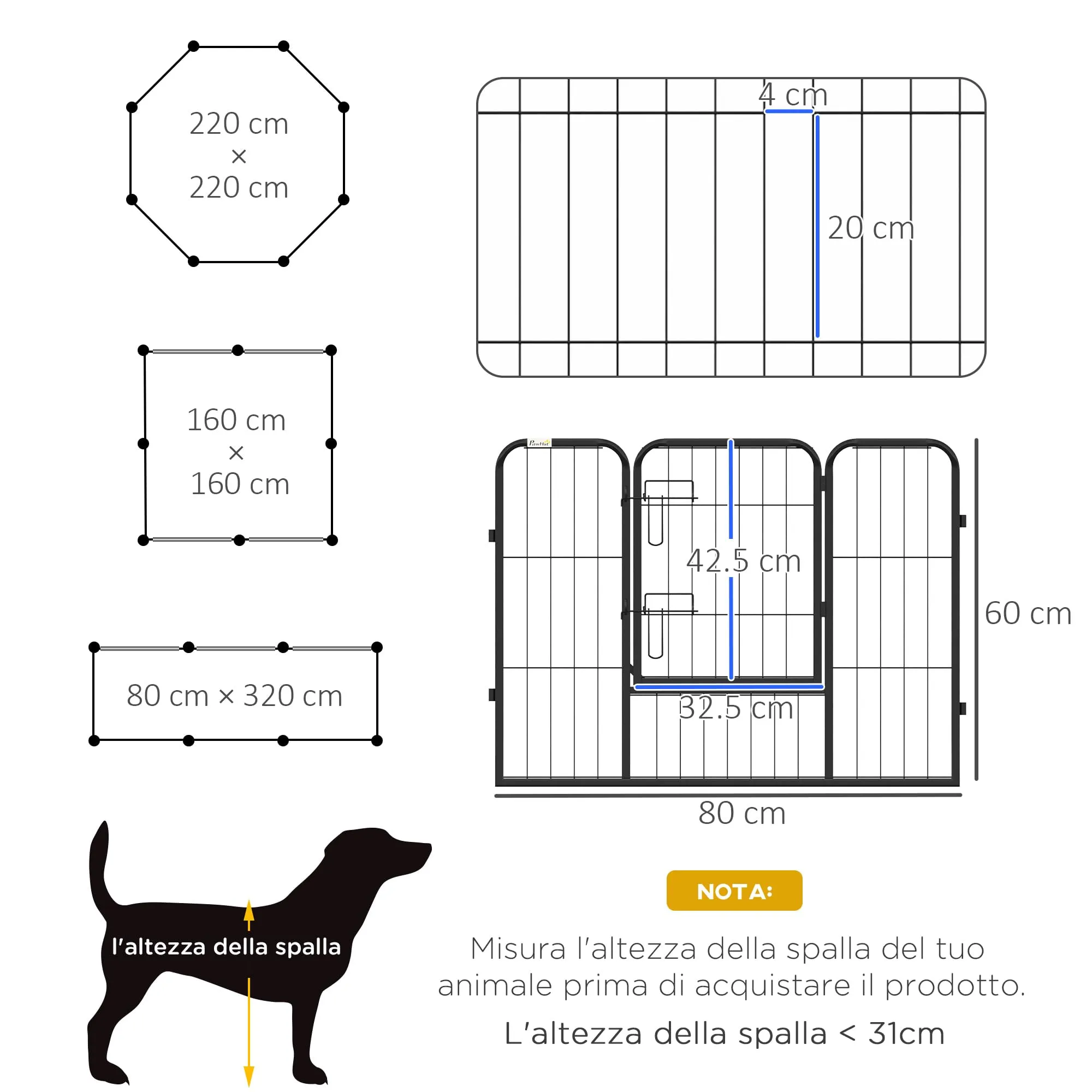 PawHut Recinto per Cani di Piccola Taglia, 8 Pannelli, 80x60 cm, Grigio - immagine 3