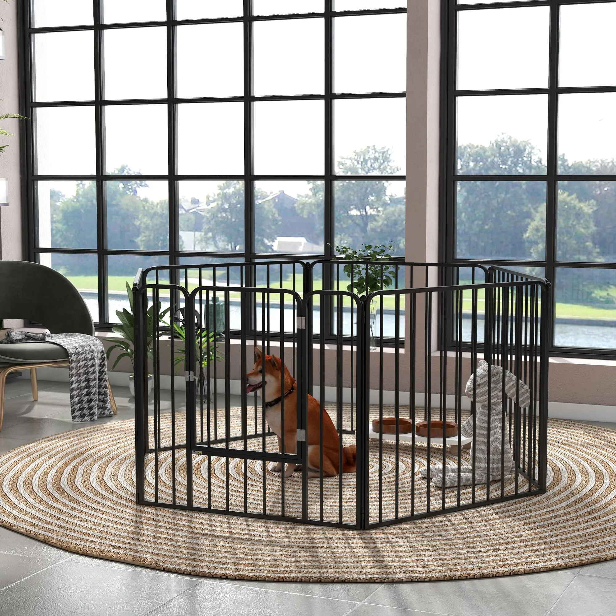 PawHut Box per Cani in Acciaio, 6 Pannelli Modulabili, 164x83x80 cm, Nero - immagine 2