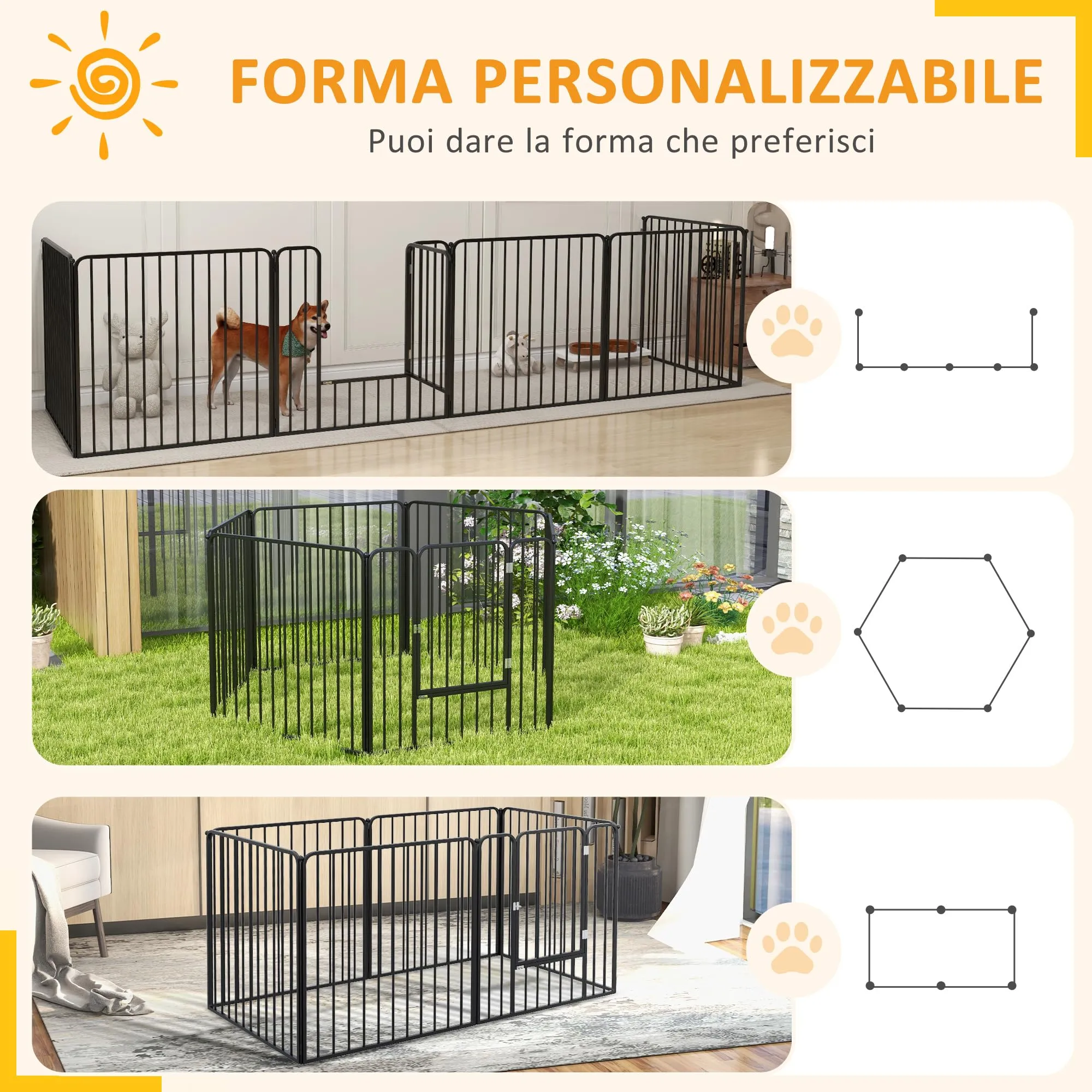 PawHut Box per Cani in Acciaio, 6 Pannelli Modulabili, 164x83x80 cm, Nero - immagine 4