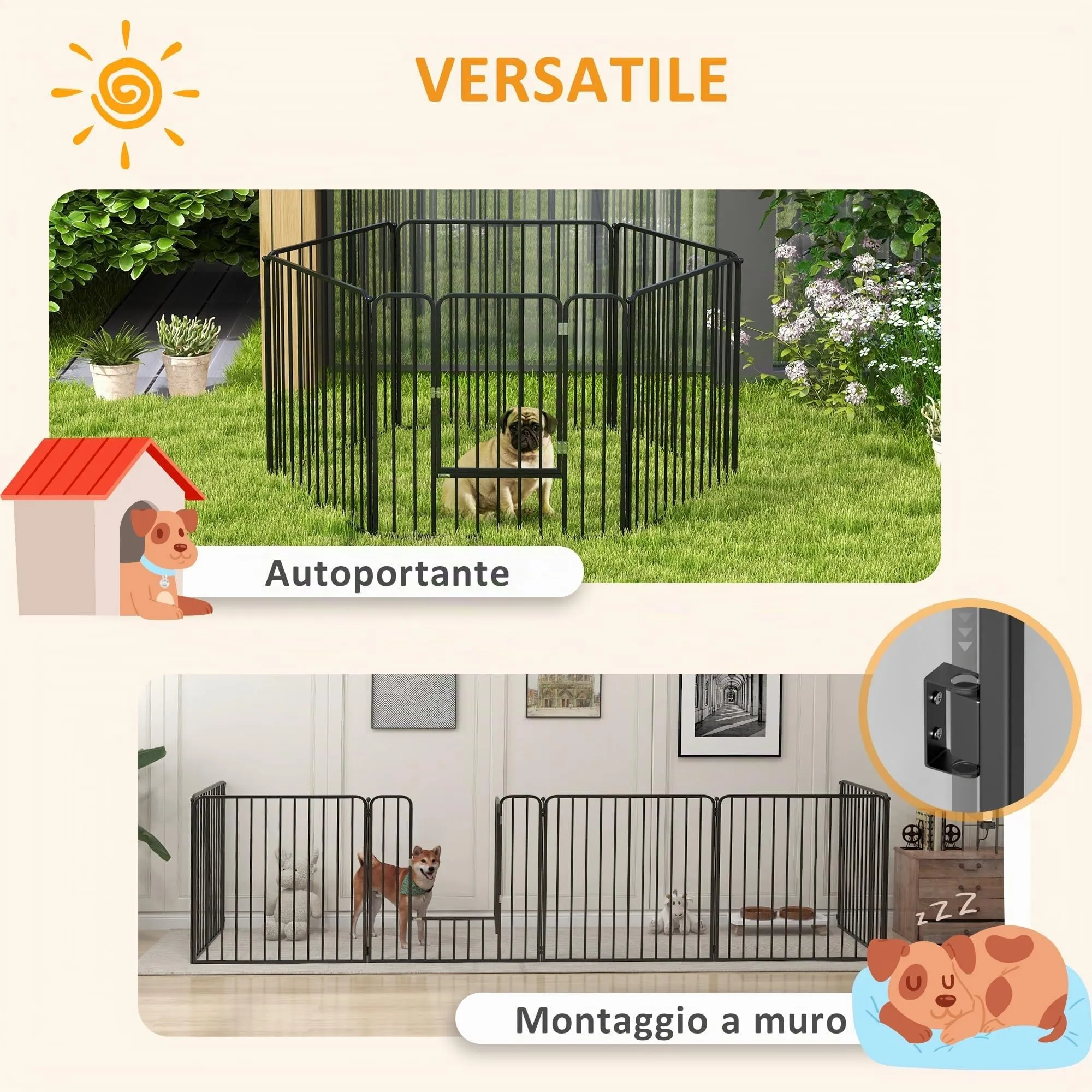PawHut Box per Cani in Acciaio, 6 Pannelli Modulabili, 164x83x80 cm, Nero - immagine 5