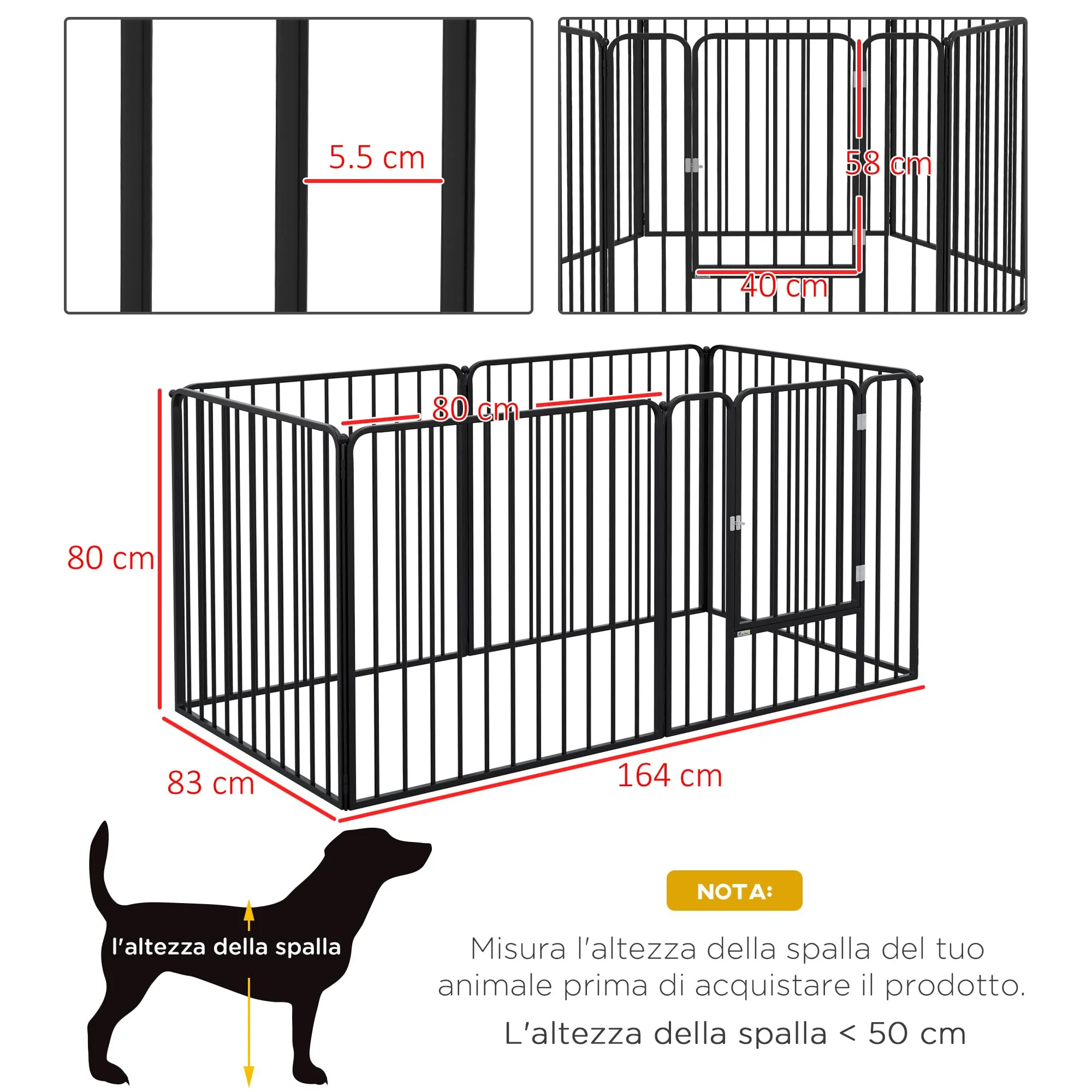 PawHut Box per Cani in Acciaio, 6 Pannelli Modulabili, 164x83x80 cm, Nero - immagine 7