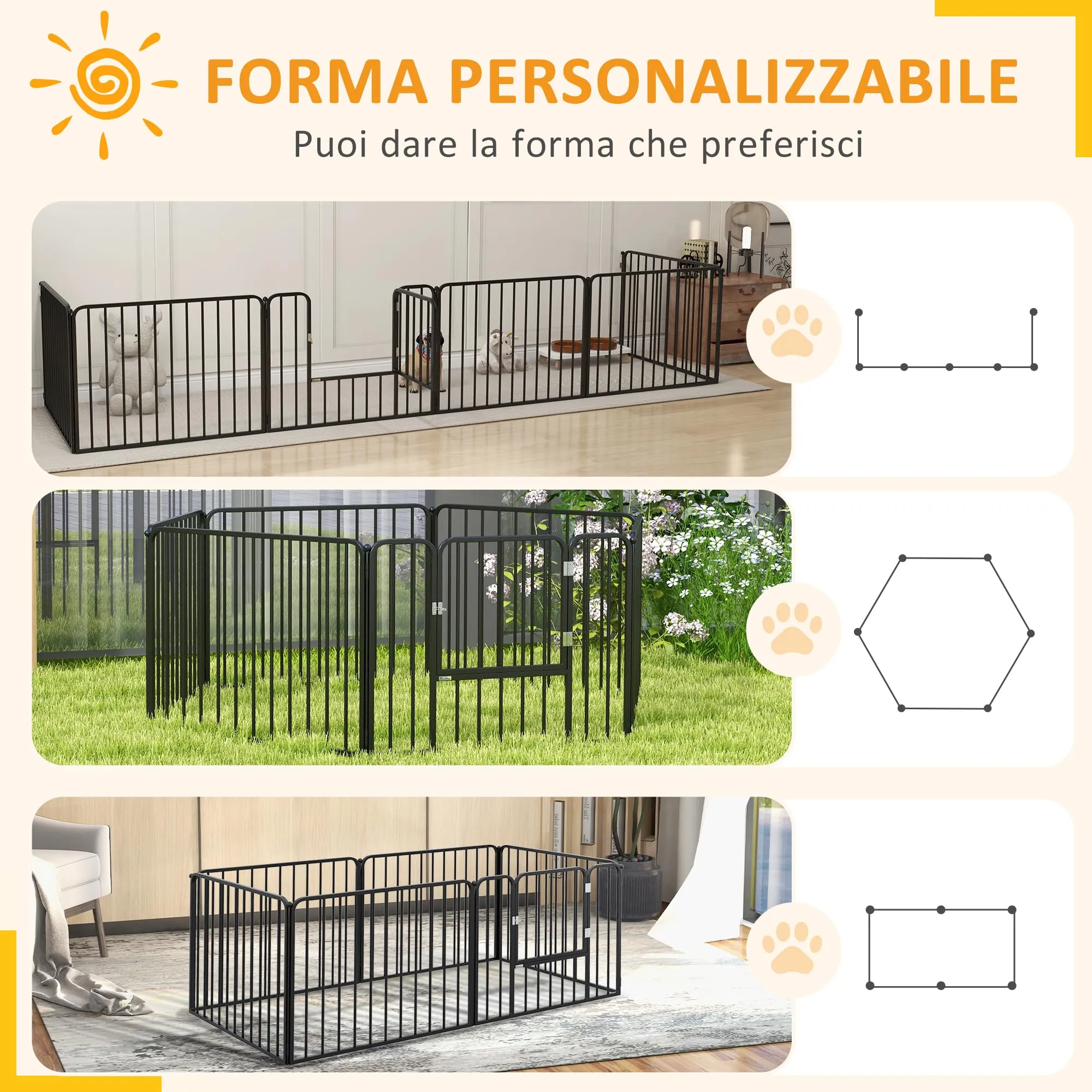 PawHut Box per Cani in Acciaio, 6 Pannelli Modulabili, 164x83x60 cm, Nero - immagine 4