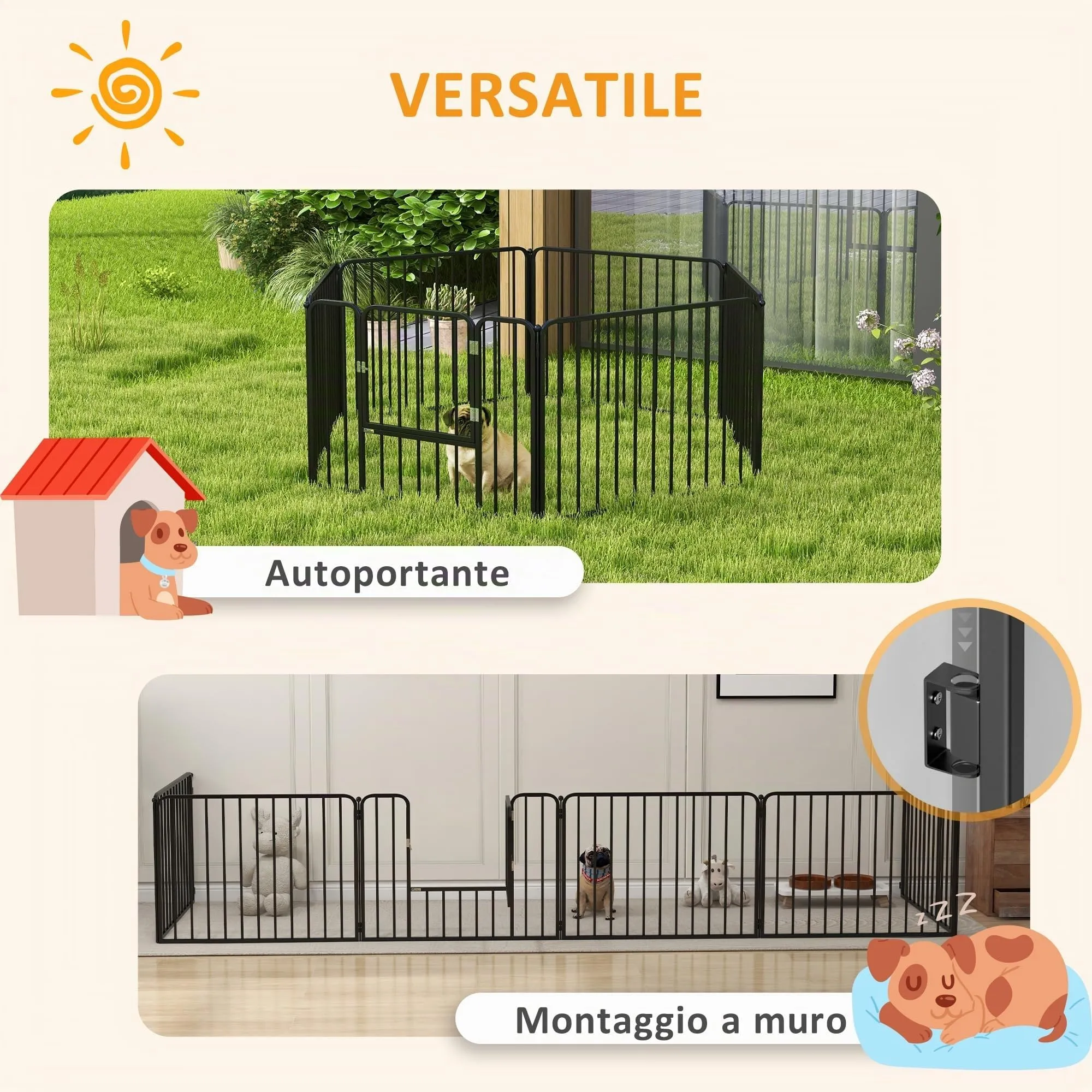 PawHut Box per Cani in Acciaio, 6 Pannelli Modulabili, 164x83x60 cm, Nero - immagine 5